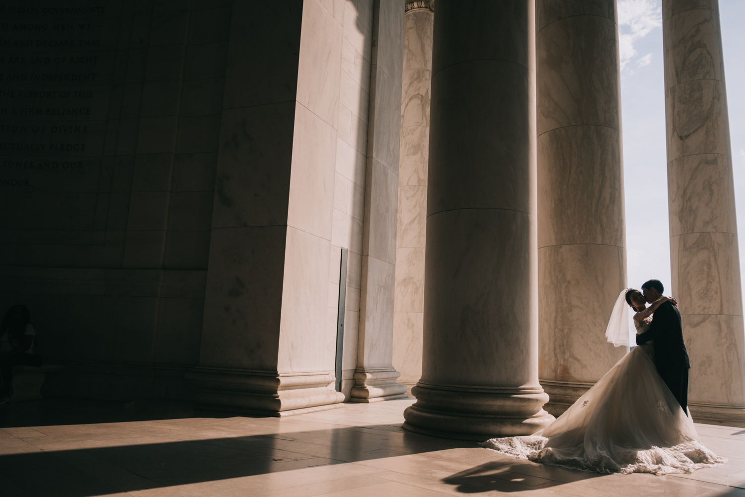 dark and moody jefferson memorial dc wedding portrait