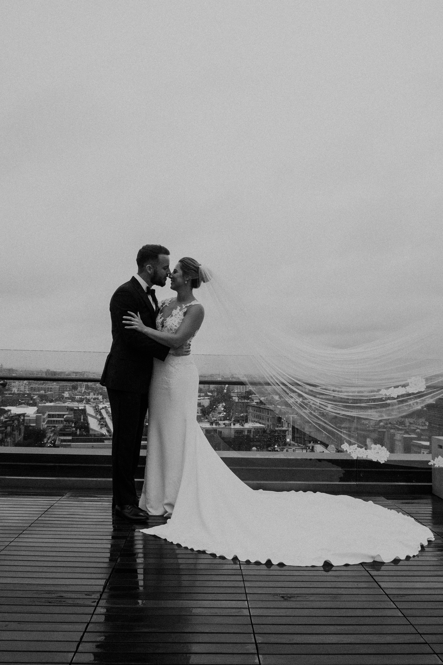 DC Line Hotel flowing veil rooftop wedding portrait