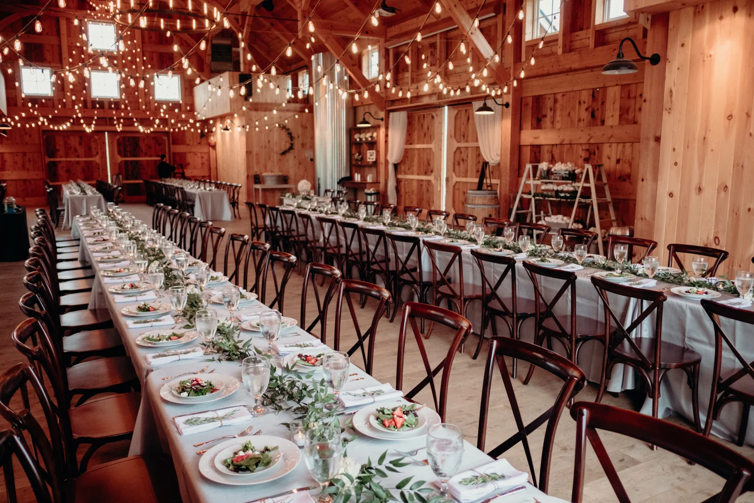 zion springs reception barn dinner setup for loudoun county wedding venue
