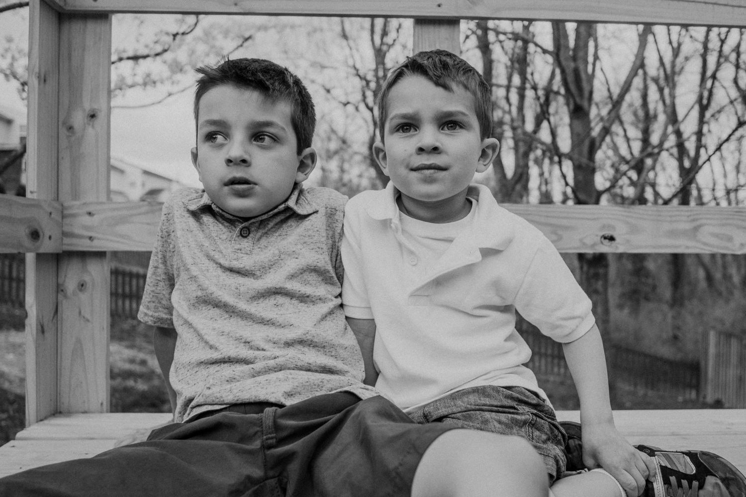 Two brothers in their tree house look out on their yard. 