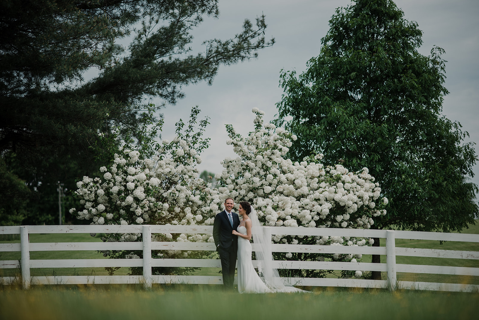 A bride and groom stand in front of a large flowering bush before their outdoor ceremony at Blue Hill Farm in Waterford, VA. 