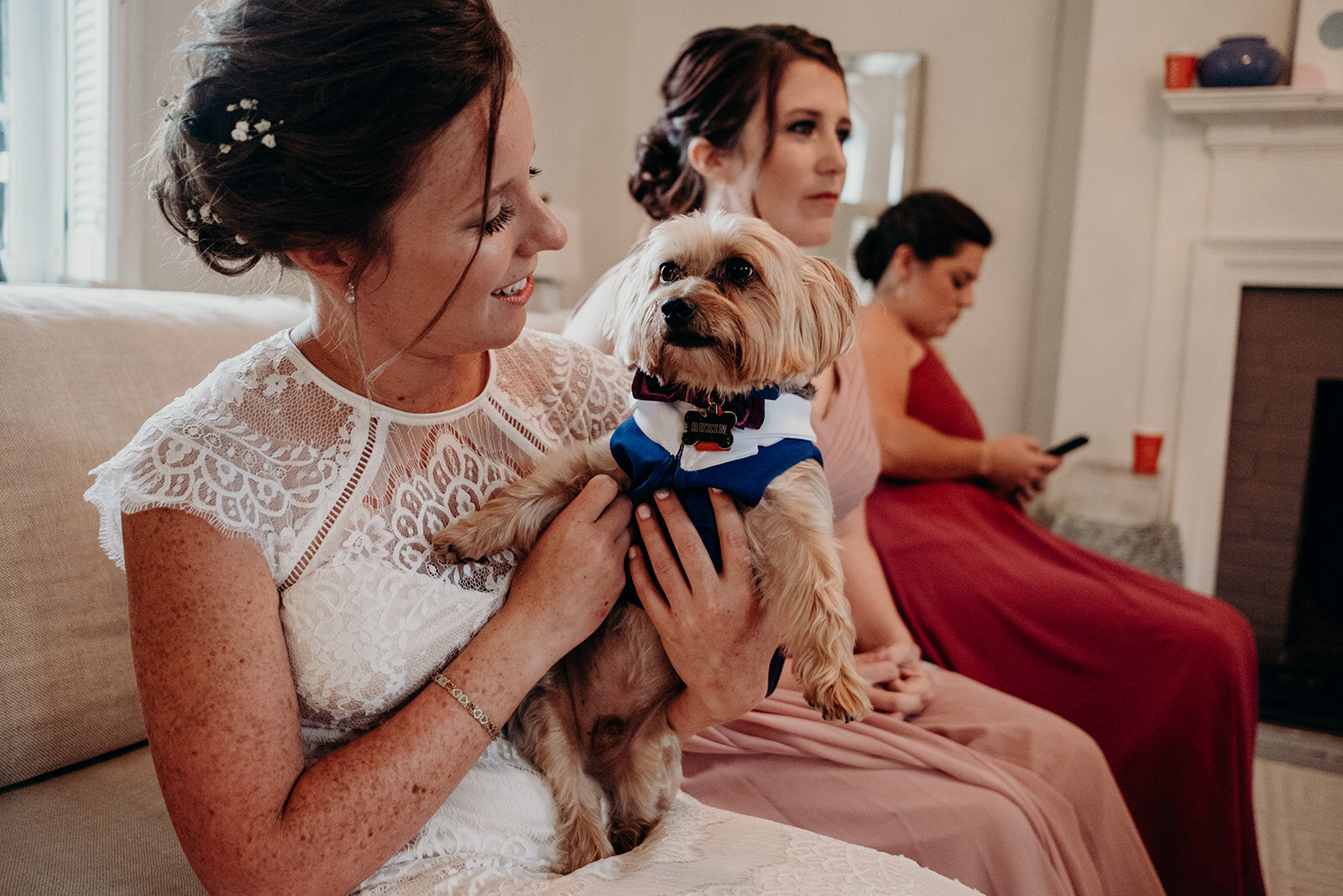 A bride holds her ring bearer pup before walking down the aisle at her outdoor wedding ceremony at Birkby House in Leesburg, VA.