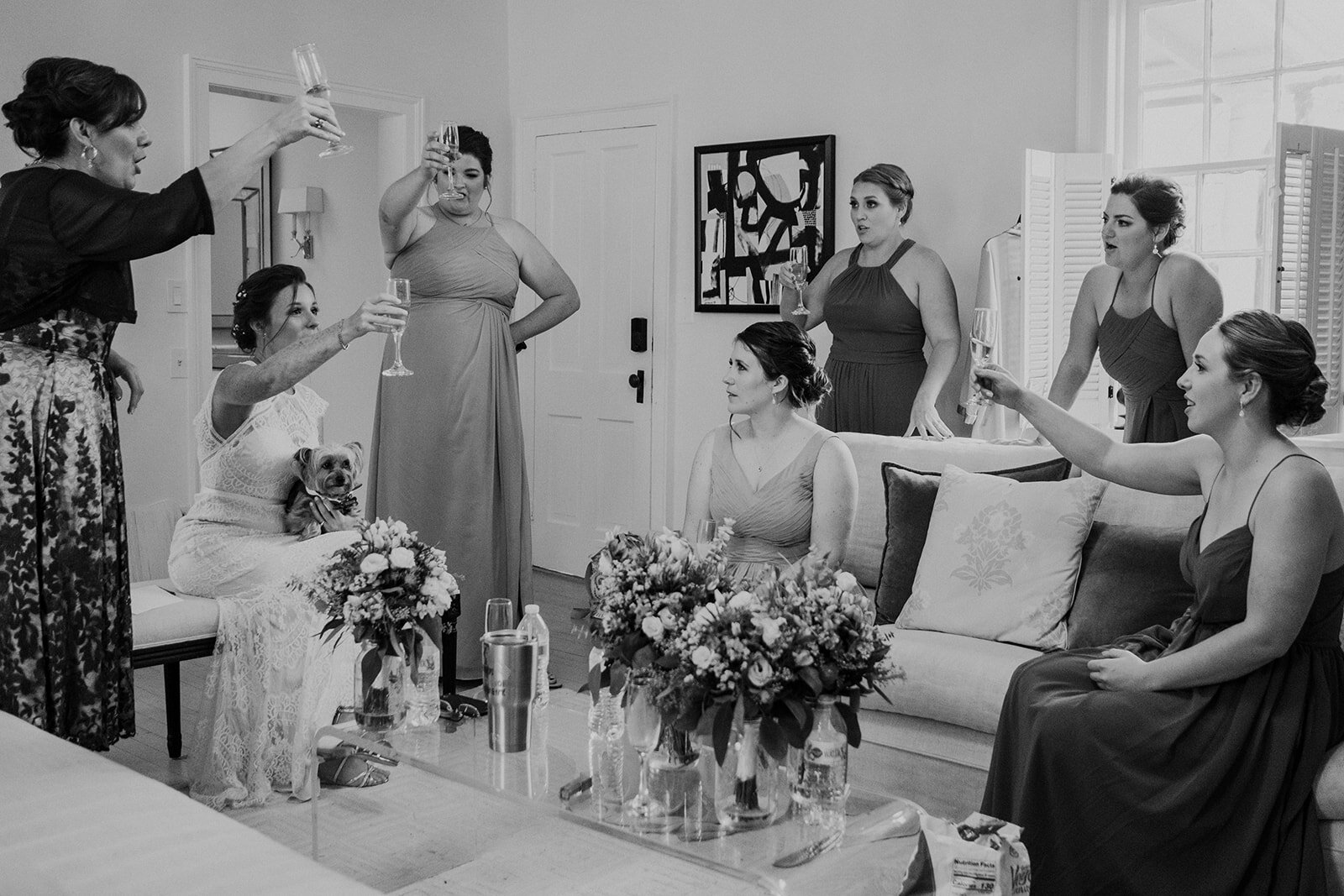 Bridesmaids toast the bride before she walks down the aisle at Birkby House in Leesburg, VA.