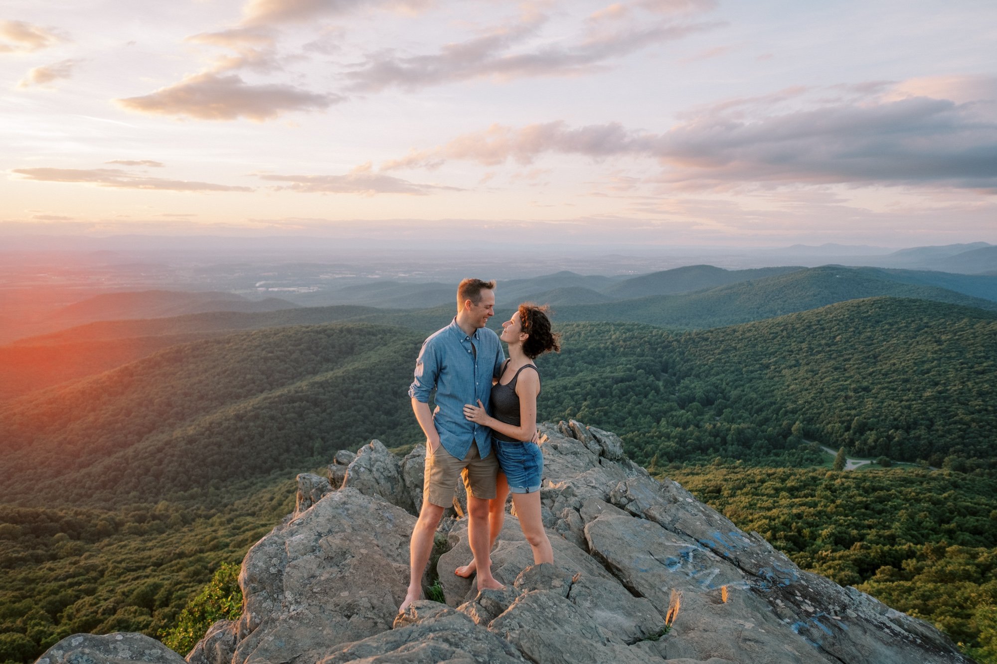 Shenandoah mountain engagement couple overlook at sunset