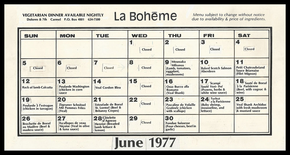 La Boheme's monthly menu June 1977.