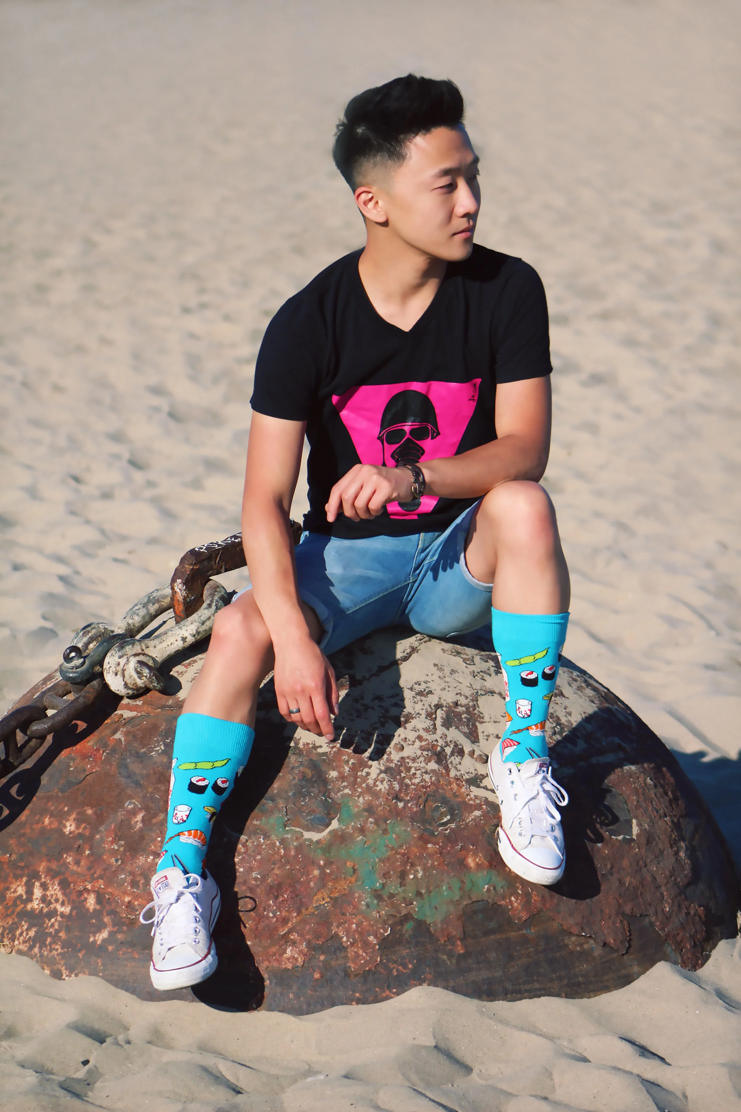 Actor Mark Daugherty (The Amazing Spider-Man, LISTEN, The Fosters) models Socksmith.com SUSHI SOCKS.
