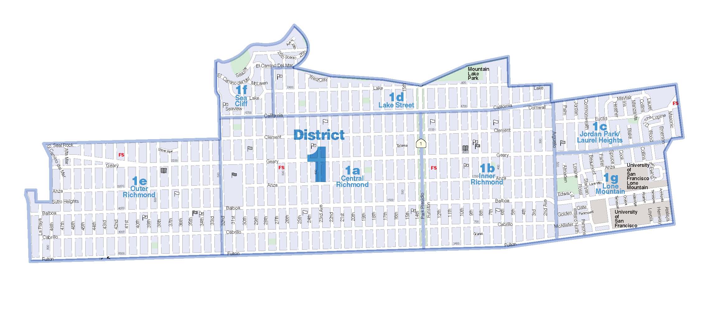 District 1 - Northwest Sea Cliff, Lake, Jordan Park/Laurel Heights, Outer Richmond, Central Richmond, Inner Richmond, Lone Mountain
