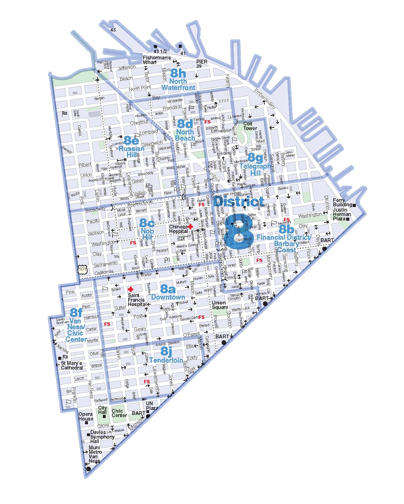 District 8 - Northeast North Waterfront, North Beach, Russian Hill, Telegraph Hill, Nob Hill, Financial District/Barbary Coast, Downtown, Van Ness/Civic Center, Tenderloin