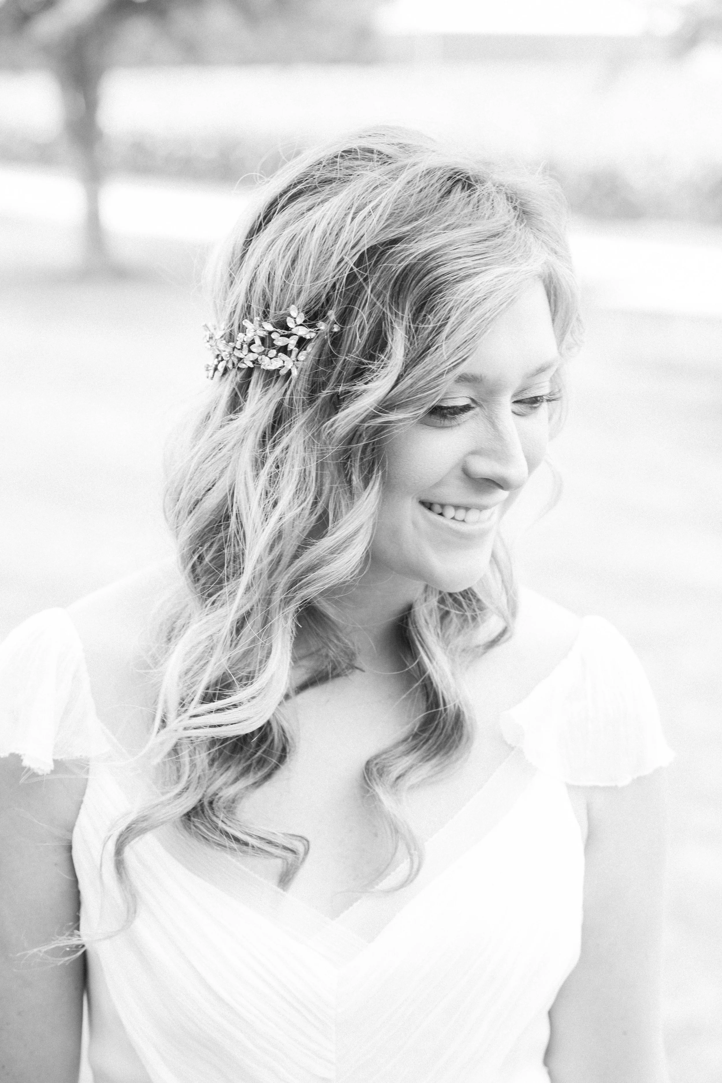 Black and white bridal portrait at summer wedding