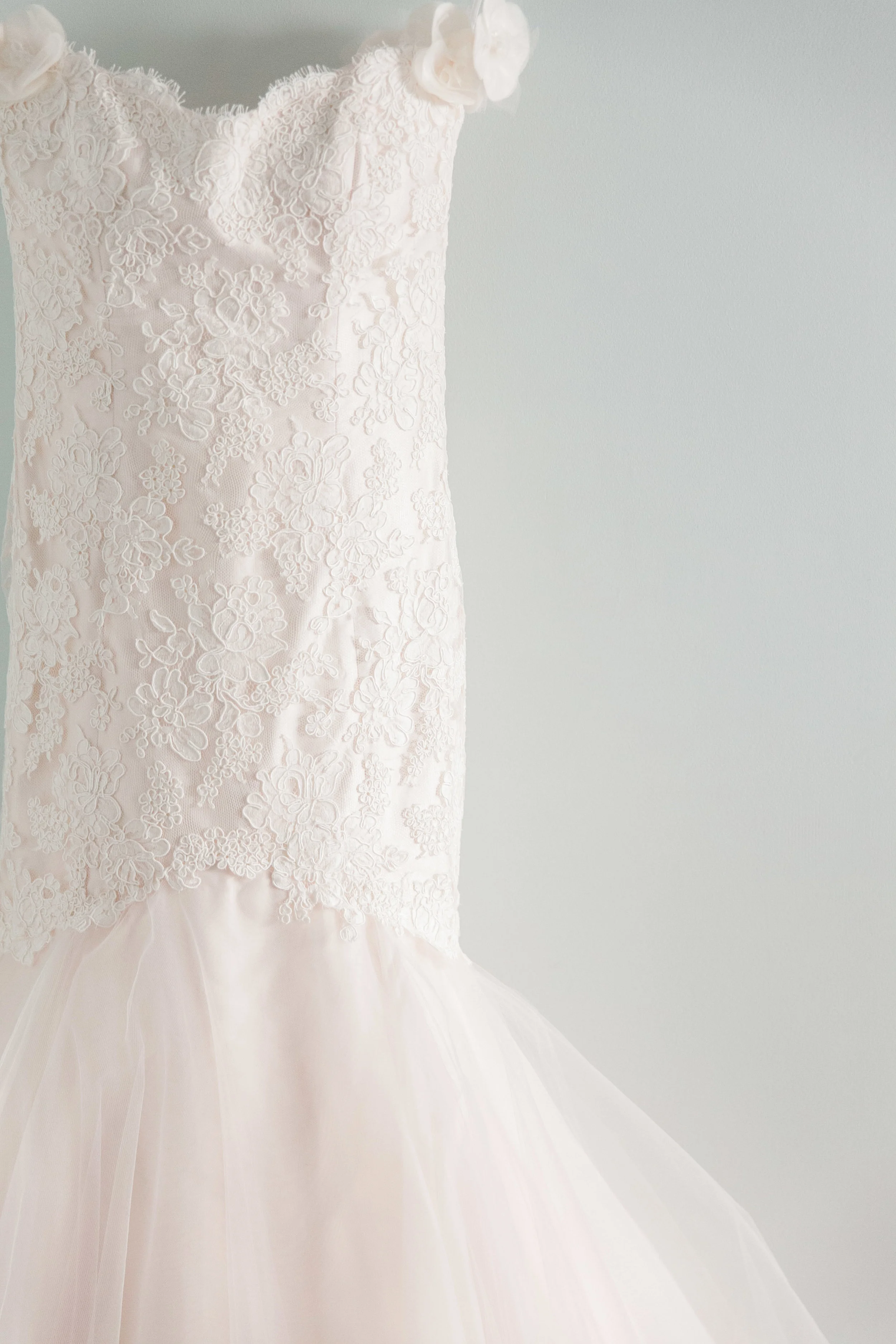 Blush pink lace and tulle wedding dress