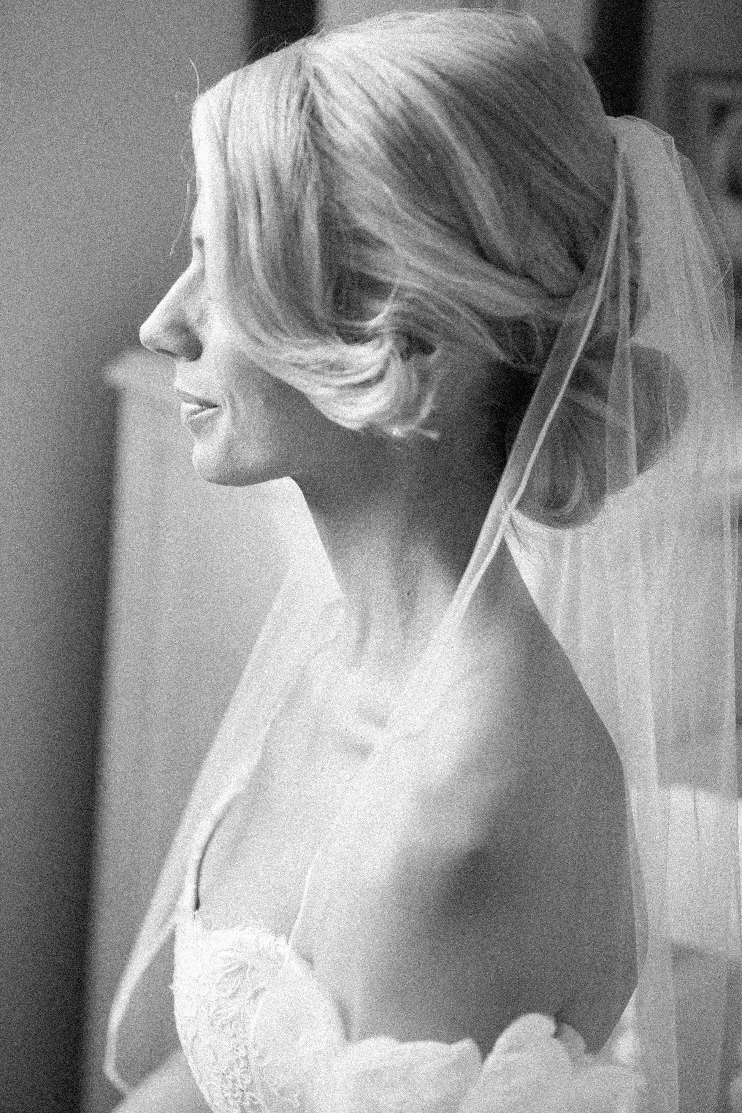 Classic black and white portrait of bride