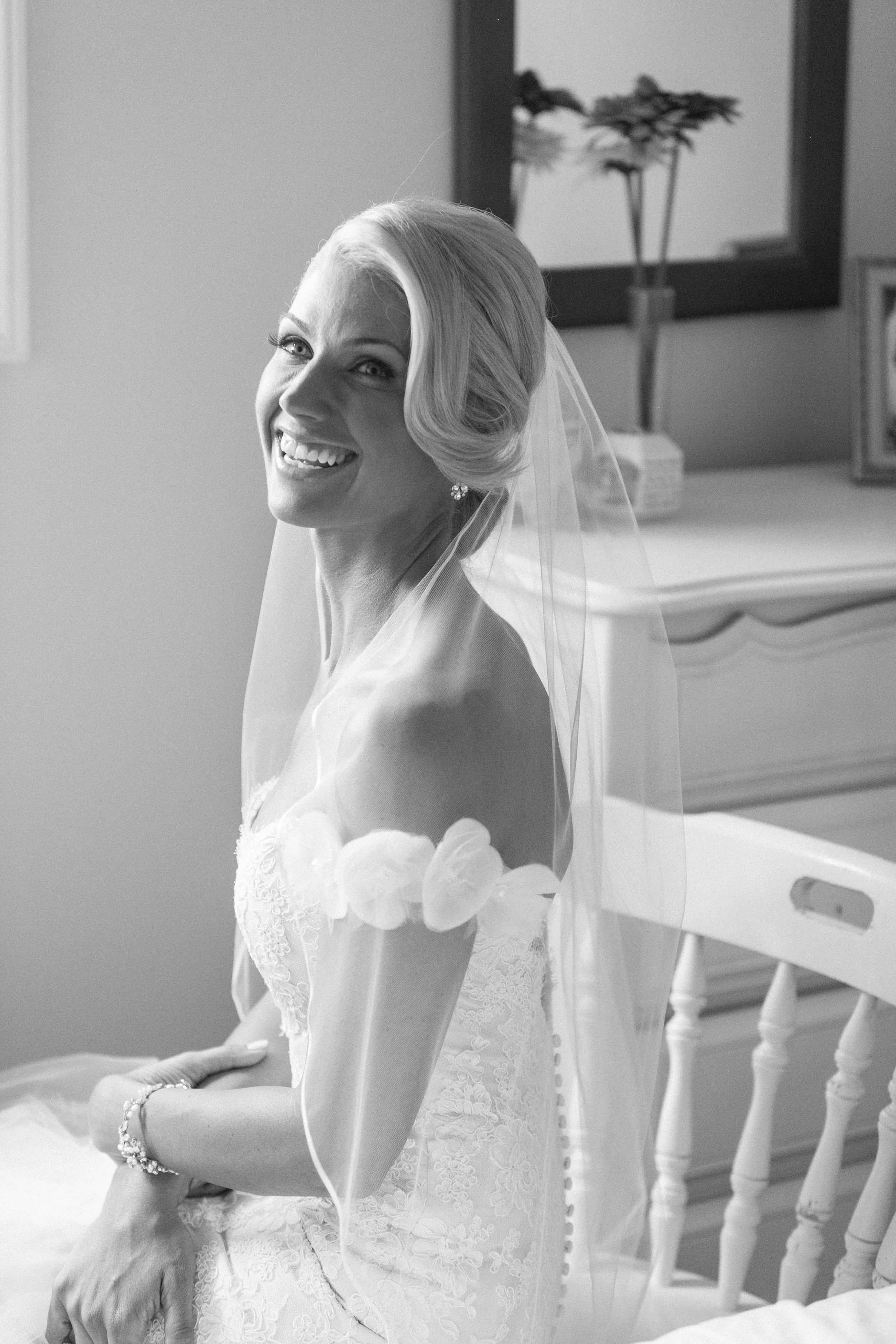 Black and white portrait of bride in childhood home
