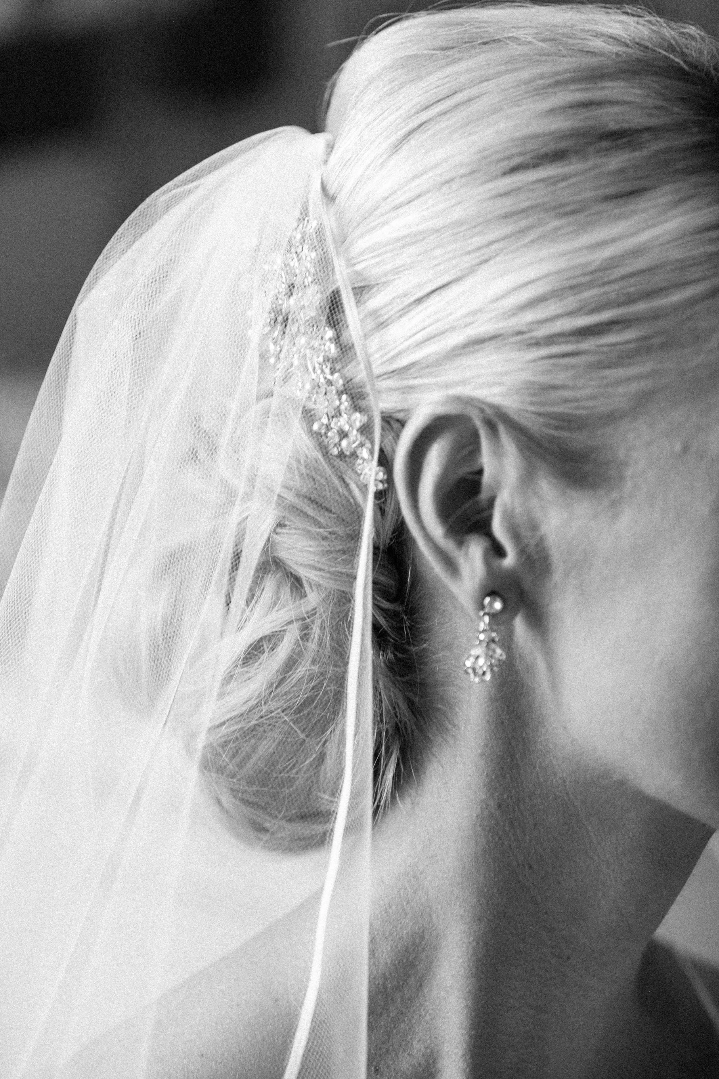 Bridal hairdo with beaded pin and veil