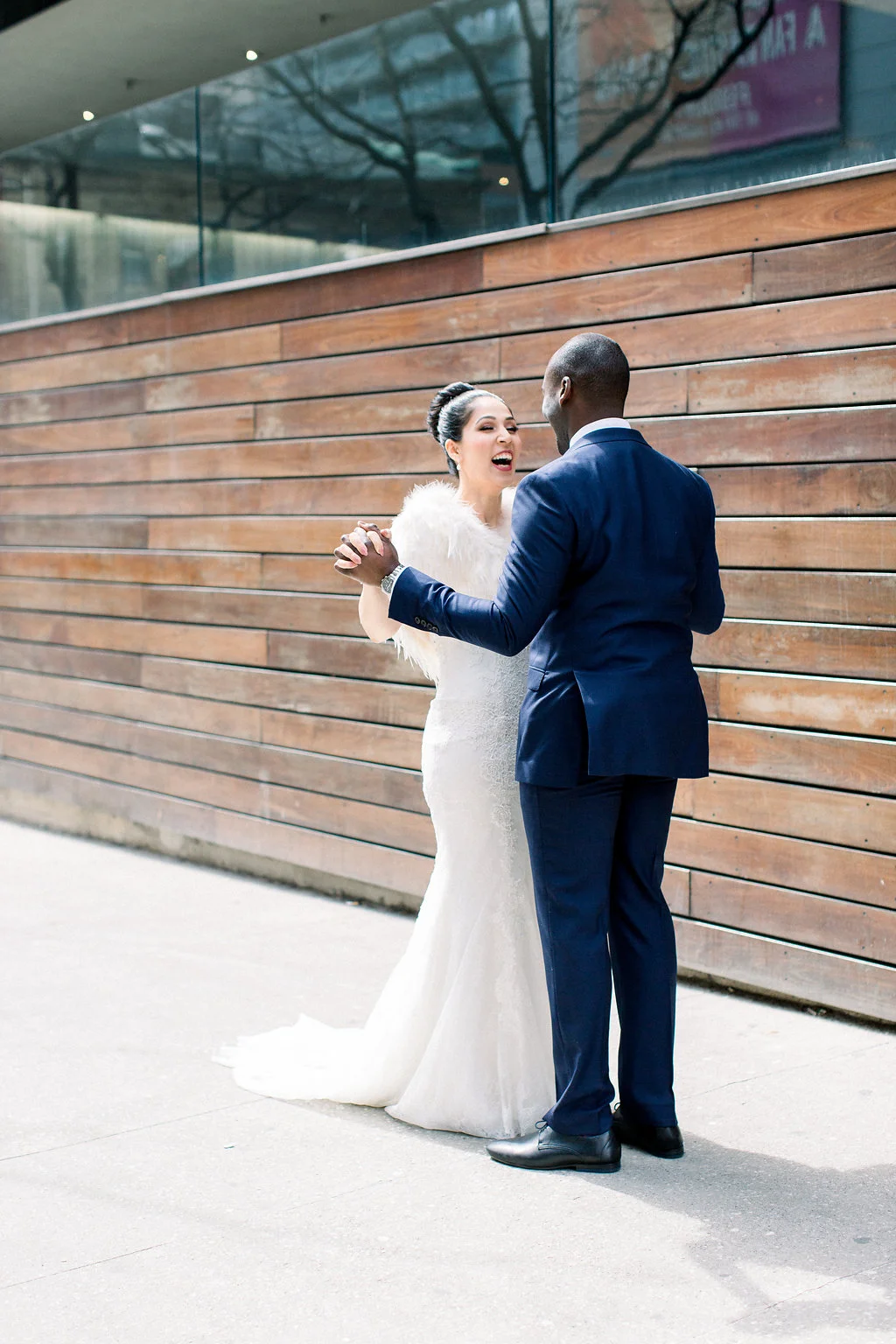 bride and groom's first look outside.