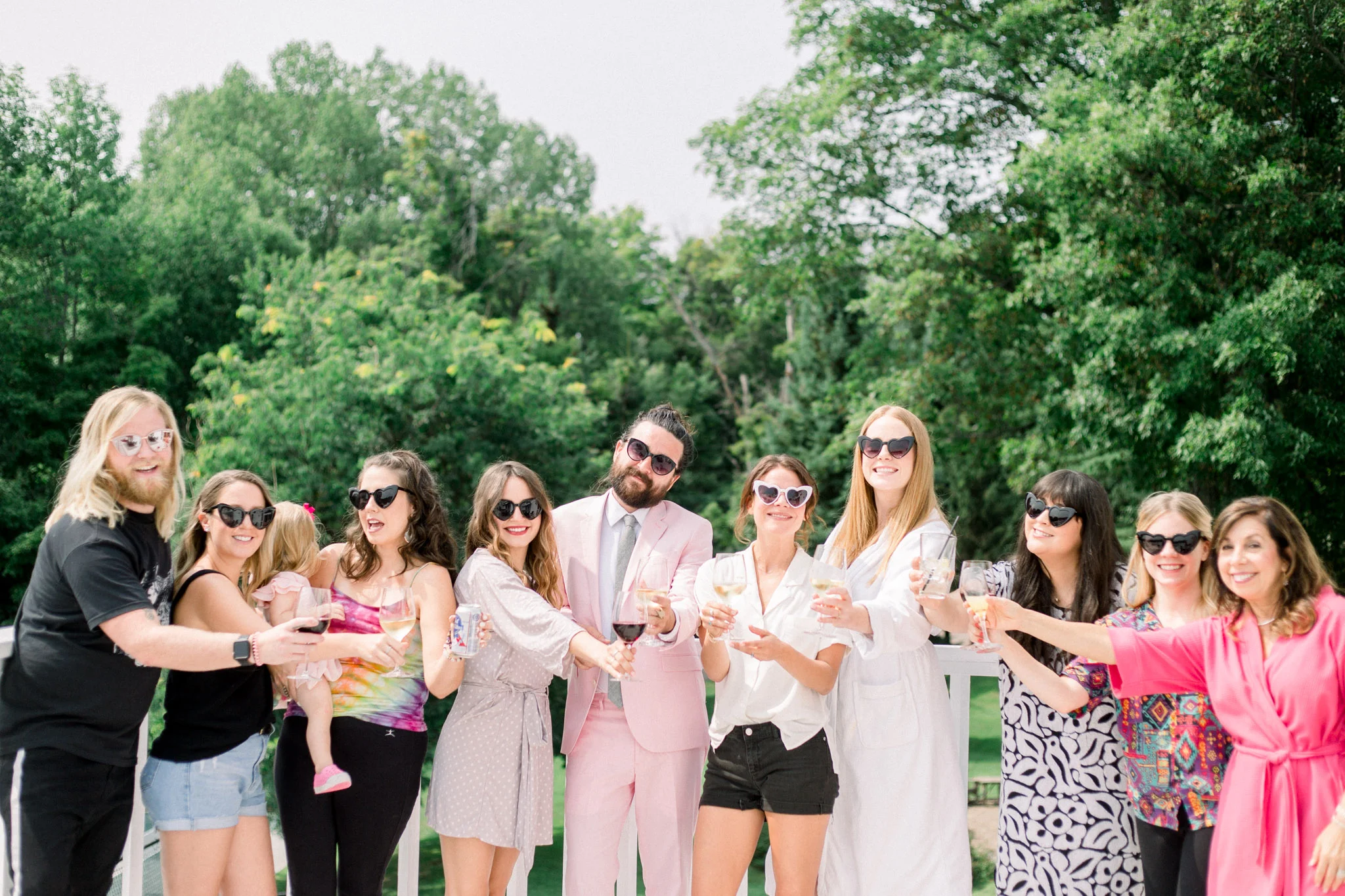 Bridal party hanging out before the wedding ceremony.