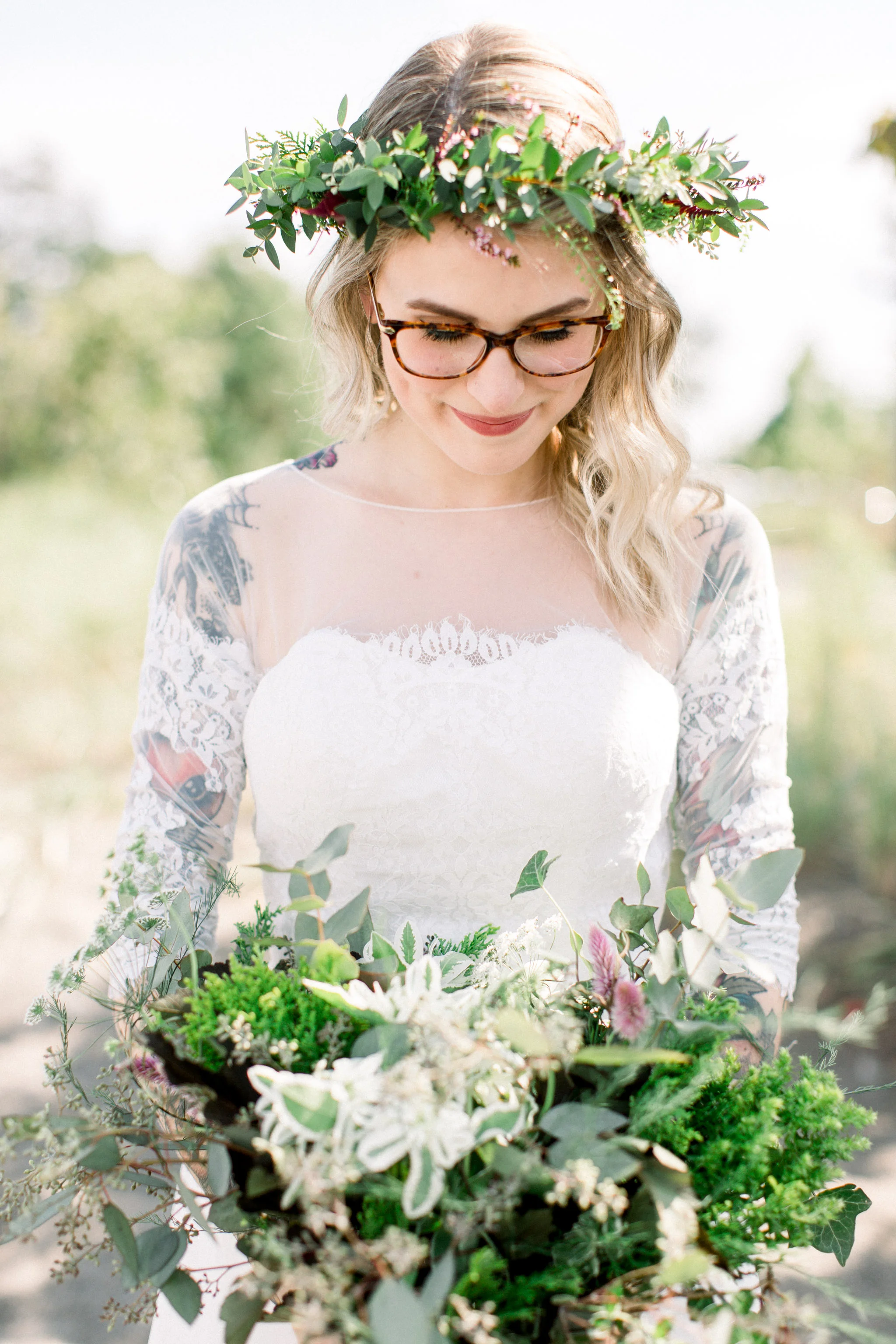 Bride wearing a floral crown.
