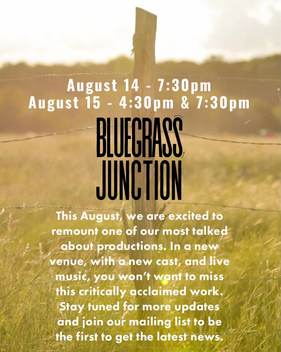 Save the date!

August 14th @ 7:30pm // August 15th @ 4:30pm + 7:30pm

Performa/Dance presents BLUEGRASS JUNCTION

Clap your hands, stomp your feet, and join the party as Performa/Dance brings back to the stage BLUEGRASS JUNCTION, with special musica