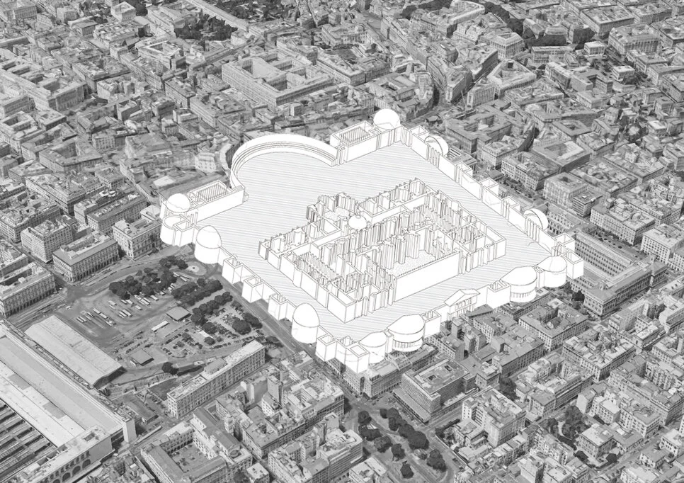 Isometric sketch of the Baths of Diocletian in its original location on Modern Day Rome