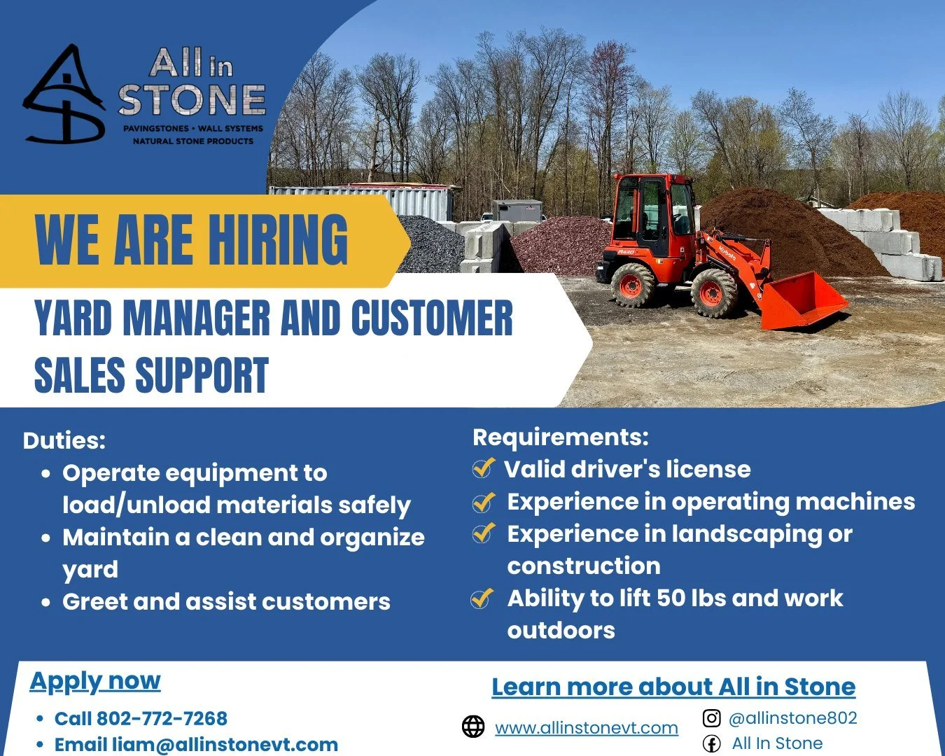 🚨 We&rsquo;re Hiring at All in Stone! 🚨

All in Stone is looking for a Yard Manager &amp; Customer Sales Support team member to join our crew! If you enjoy working outdoors, operating equipment, and helping customers, this could be the perfect oppo