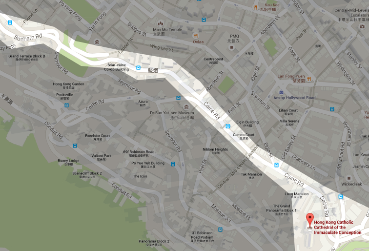 Bonham road becomes Caine road, on which the Catholic Cathedral of the Immaculate Conception is found.