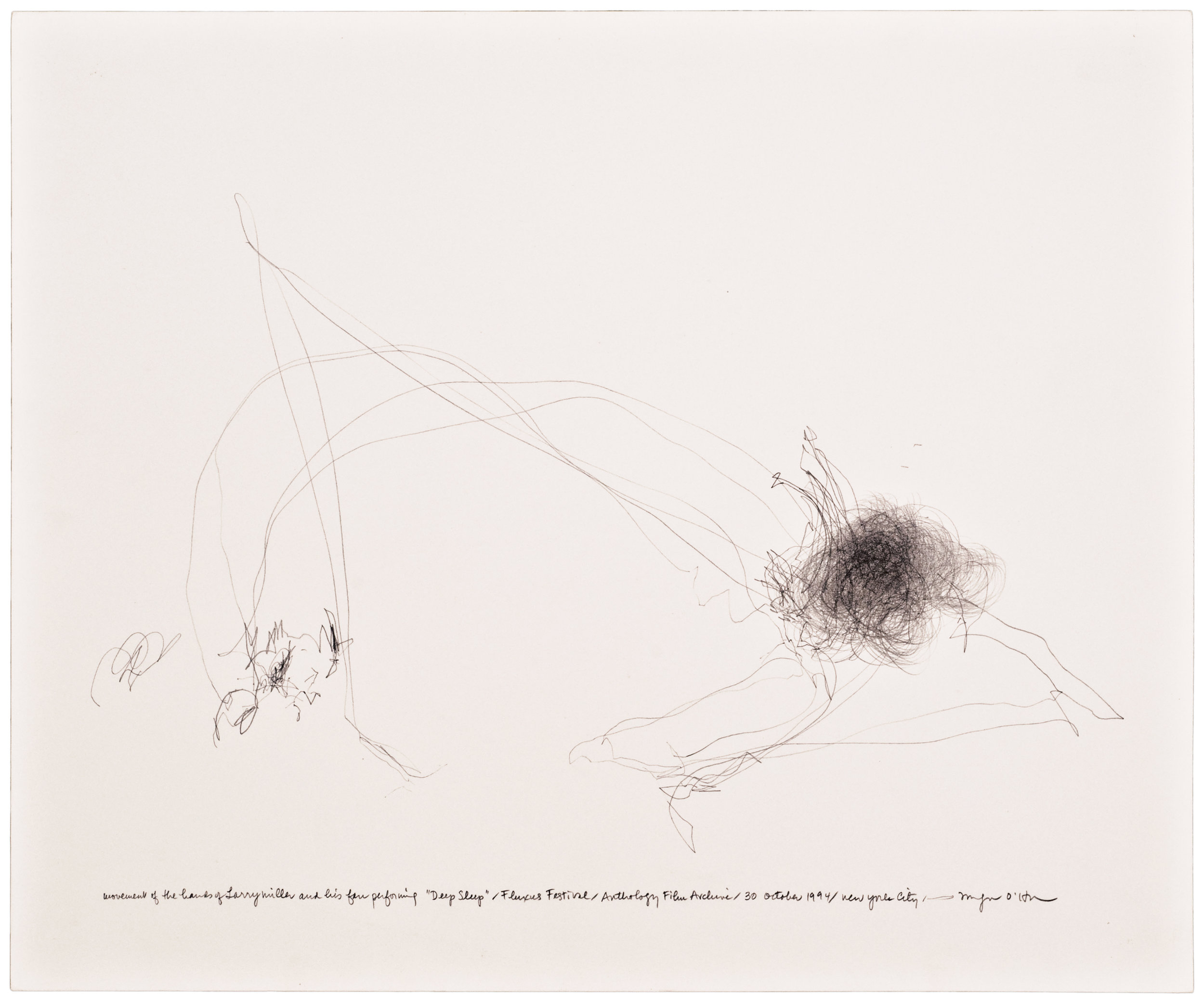  Morgan O’Hara,  LIVE TRANSMISSION: movement of the hands of LARRY MILLER and his fan performing Deep Sleep / Fluxus Festival / Anthology Film Archives / 30 October 1994 / New York City , 14 x 17 in., Graphite on paper, 1999 