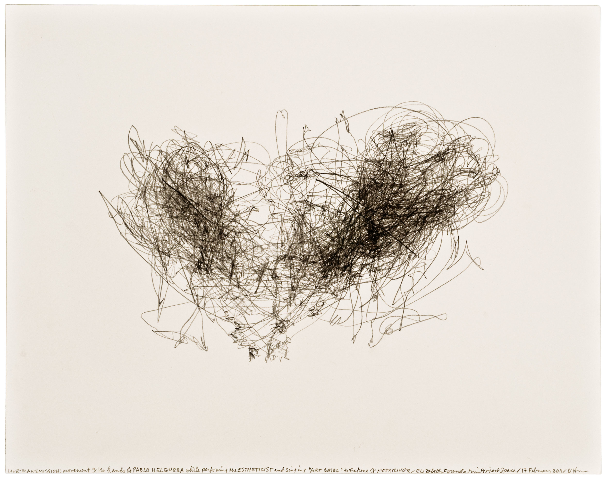  Morgan O’Hara,  LIVE TRANSMISSION: movement of the hands of PABLO HELGUERA while performing The Estheticist and singing Art Basel to the tune of Moonriver / Elizabeth Foundation for the Arts Project Space / 17 February 2011,  11 x 14 in., Graphite o