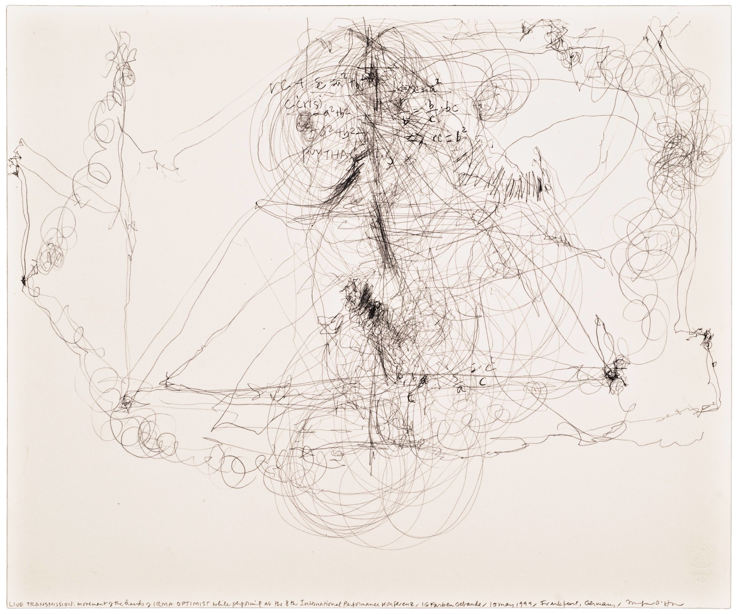  Morgan O'Hara,  LIVE TRANSMISSION: movement of hands of IRMA OPTIMIST while performing at the InternationalPerformance Conference /IG Farben Gebaude/ 13 May 1999/ Frankfurt, Germany,&nbsp; 14 x 17 in., Graphite on Bristol paper, 1999 