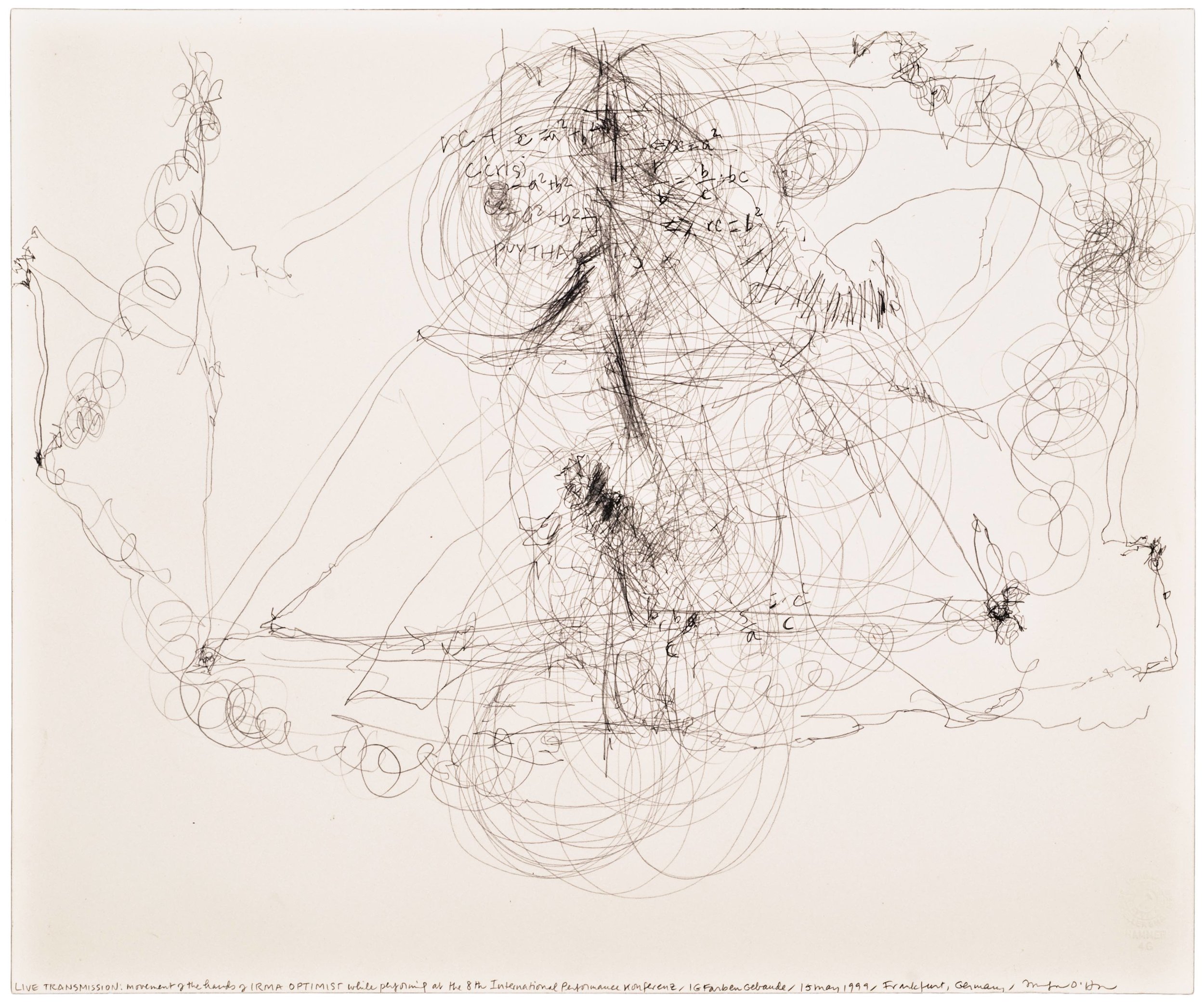 Morgan O'Hara, LIVE TRANSMISSION: movement of hands of IRMA OPTIMIST while performing at the InternationalPerformance Conference /IG Farben Gebaude/ 13 May 1999/ Frankfurt, Germany, 14 x 17 in., Graphite on Bristol paper, 1999