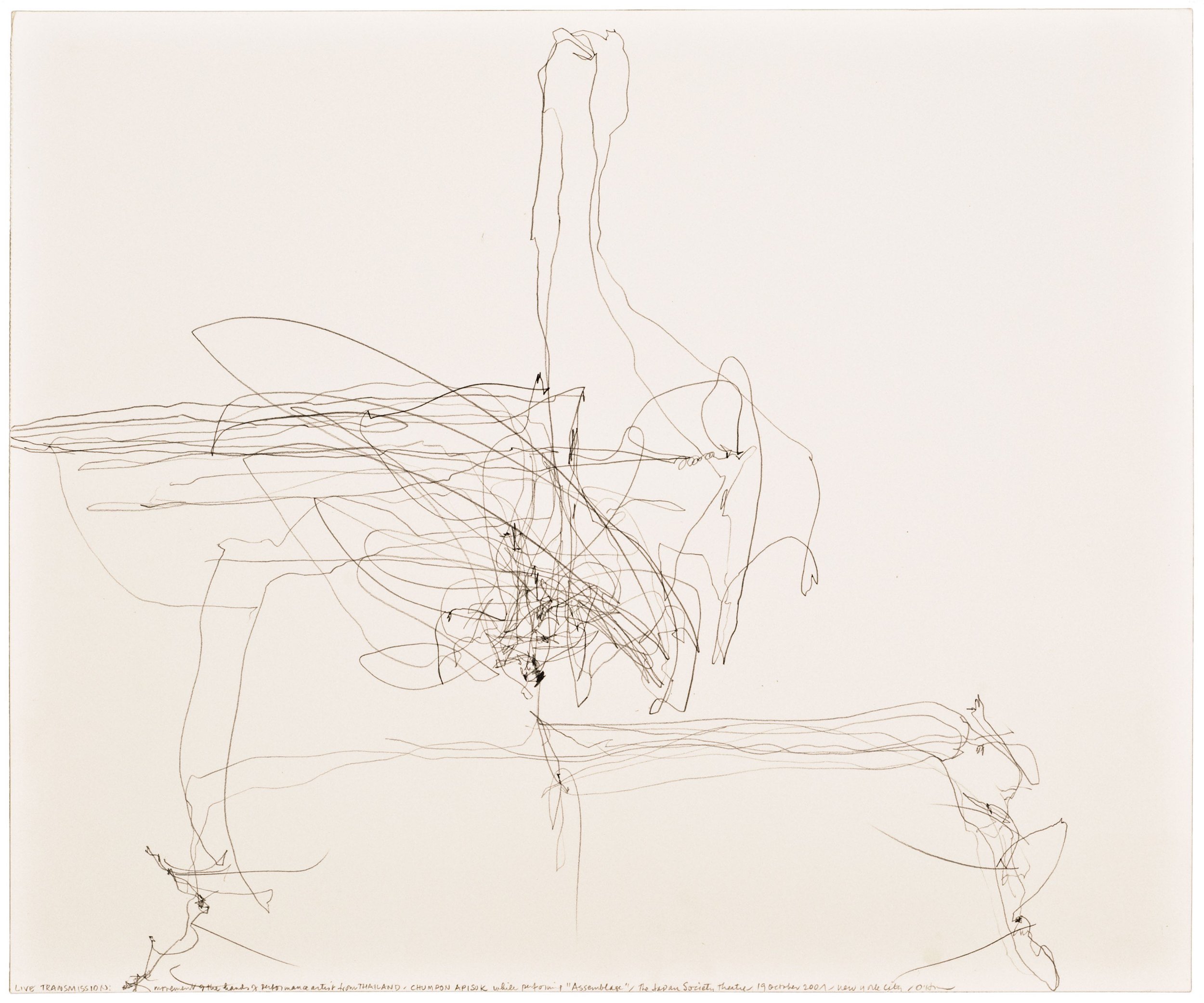 Morgan O'Hara, LIVE TRANSMISSION: movement of the hands of peformance artist from Thailand CHUMPON APISUK / while performing Assemblage/ The Japan Society Theatre / 19 October 2001/ New York City, 14 x 17 in., Graphite on Bristol paper, 2001