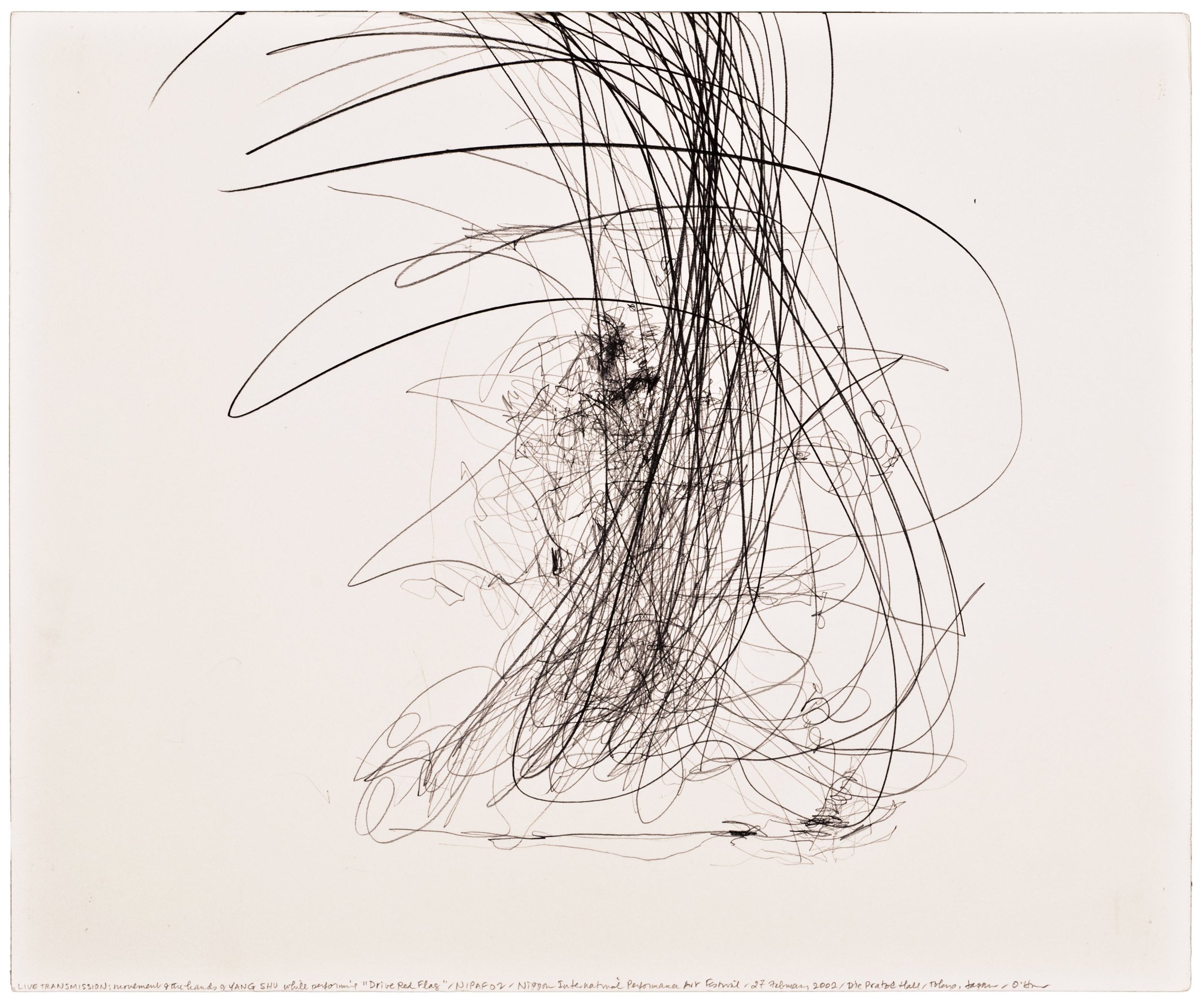Morgan O'Hara, LIVE TRANSMISSION: movement of the hands of SHU YANG while performing Drive Red Flag /NIPAF ‘02 / Nippon International Performance Art Festival / Die Pratze Hall / 27 February 2002 /Tokyo, Japan, 14 x 17 in., Graphite on Bristol paper, 2002