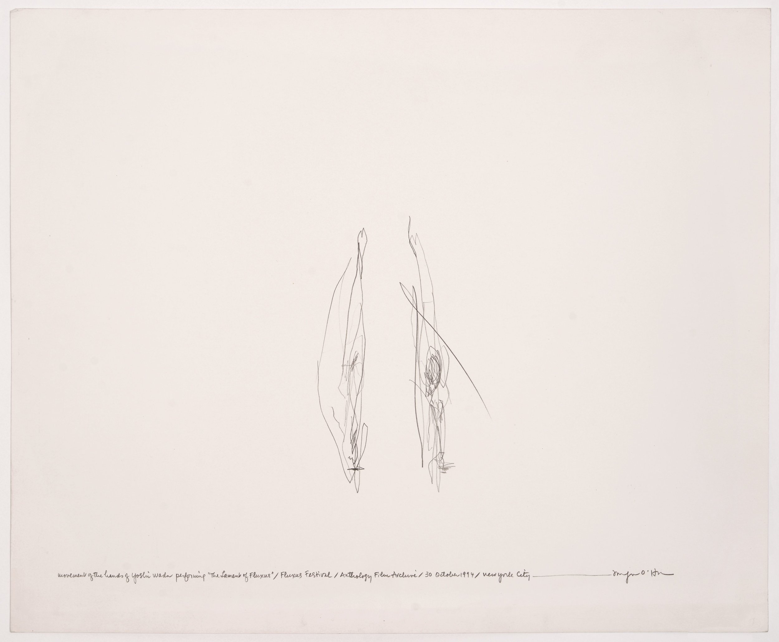  Morgan O'Hara,&nbsp; LIVE TRANSMISSION: movement of the hands of YOSHI WADA while performing The Lament of Fluxus / Fluxus Festival / Anthology Film Archives / Sunday 30 October 1994 / New York City, &nbsp;14 x 17 in.,&nbsp;Graphite on Bristol paper