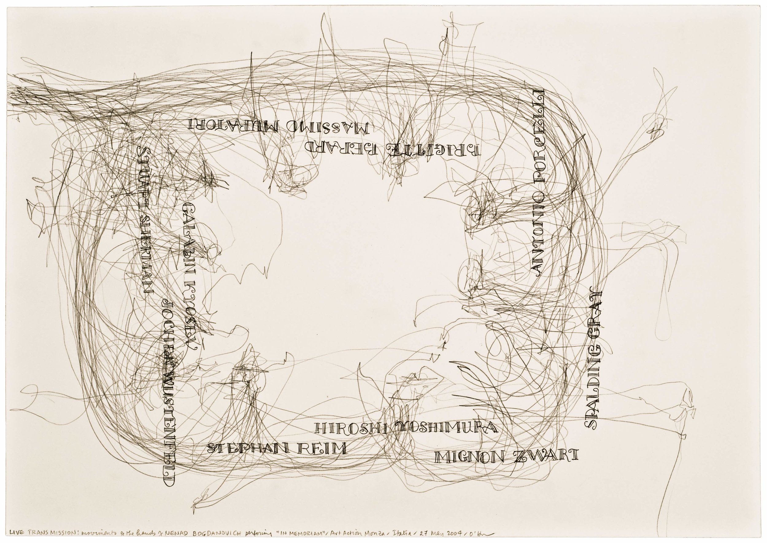  Morgan O'Hara,&nbsp; LIVE TRANSMISSION: movement of the hands of NENAD BOGDANOVICH performing In Memoriam / Art Action Monza / Italia / 27 May 2004 ,&nbsp;11.5 x 16.5 in.,&nbsp;Graphite on Bristol paper, 2004 