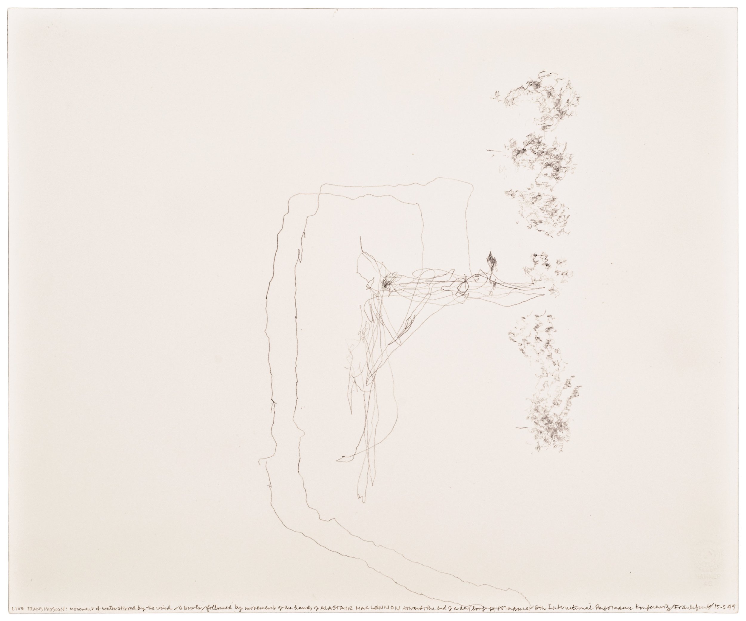 Morgan O'Hara, LIVE TRANSMISSION: movement of water stirred by the wind / 6 bowls / followed by movement of the hands of ALISTAIR MAC LENNON toward the end of the daylong performance /8th International Performance Conference/ Frankfurt, Germany/15 May 1999 , 14 x 17 in., Graphite on Bristol paper, 1999