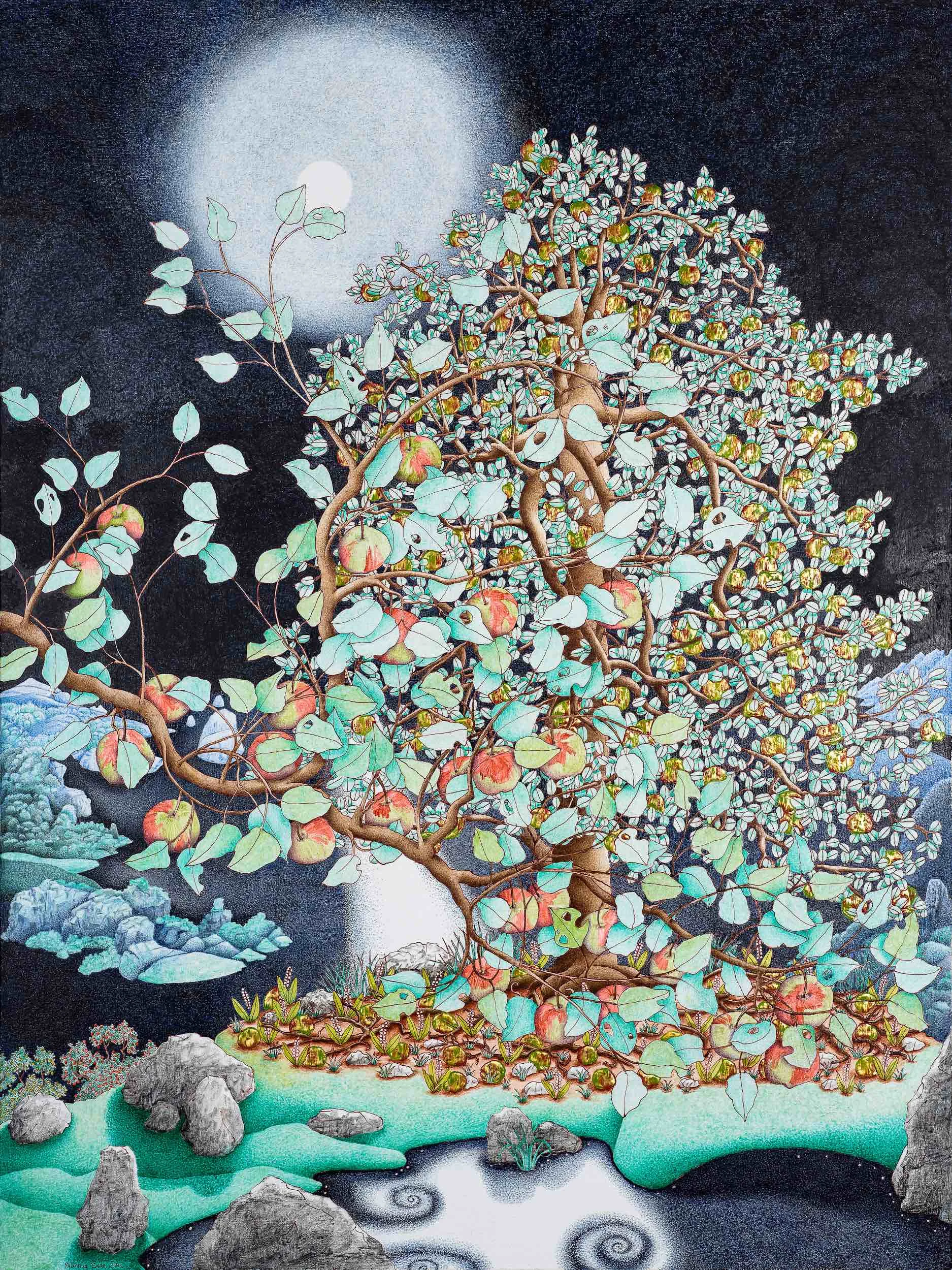 Michael Eade, Full Moon , 40 x 30 in., Egg tempera, raised 23k gold leaf, oil on canvas, 2012 ©2017 Michael Eade, courtesy Fou Gallery