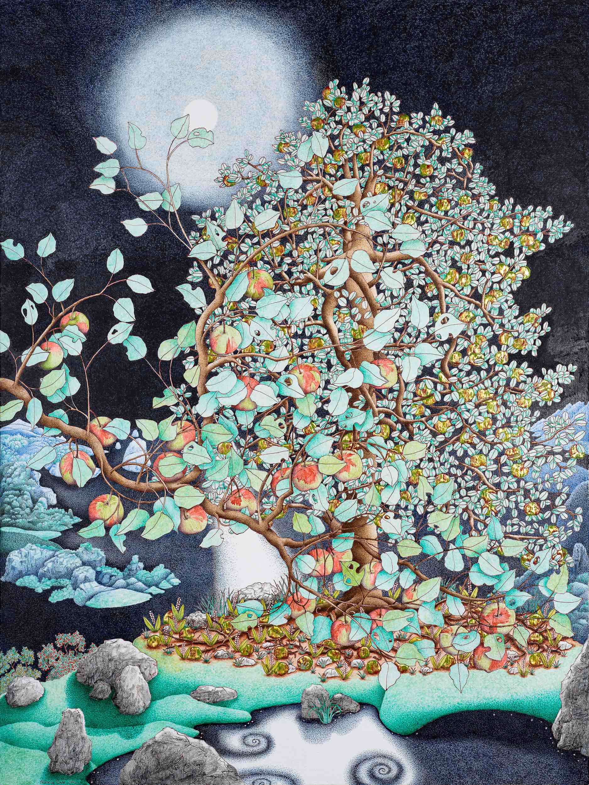  Michael Eade,  Full Moon 月圆 , 40 x 30 in., Egg tempera, raised 23k gold leaf, oil on canvas, 2012 ©2017 Michael Eade, courtesy Fou Gallery 