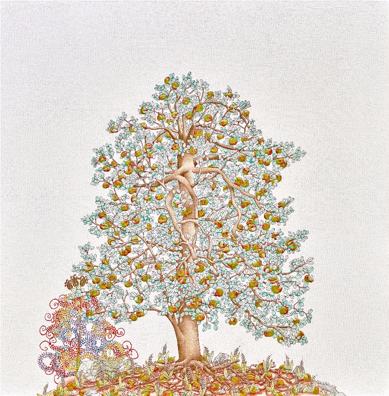 Michael Eade. Tree of Life 生命之树, Egg tempera, raised 23k gold leaf, raised aluminum and copper leaf, oil on canvas, 36 x 36 in.(91.44 x 91.44 cm), 2015