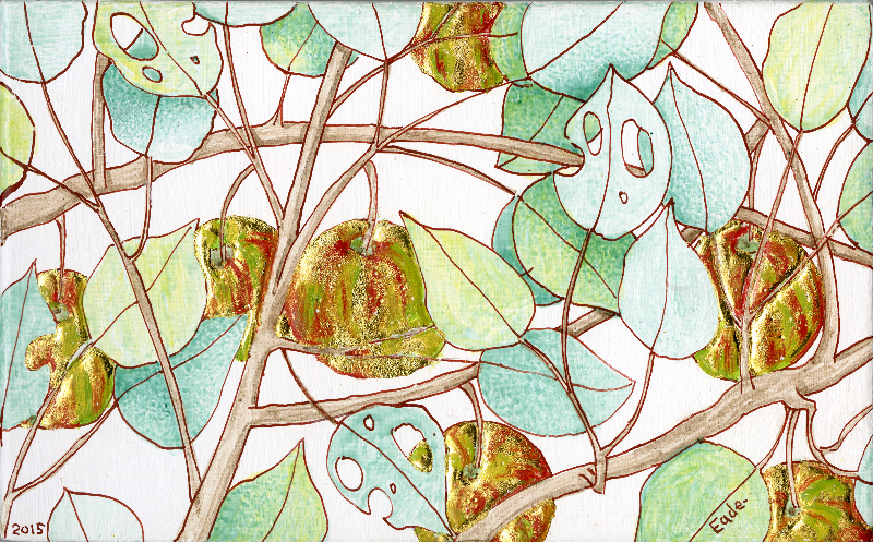  Michael Eade.&nbsp; Wild Apple Tree (Study), No. 30 野苹果树（小稿）30, &nbsp;Egg tempera, raised 22k gold leaf, oil on wood panel,&nbsp;4.75 x 7.5 in. (12.065 x 19.05 cm), 2015 