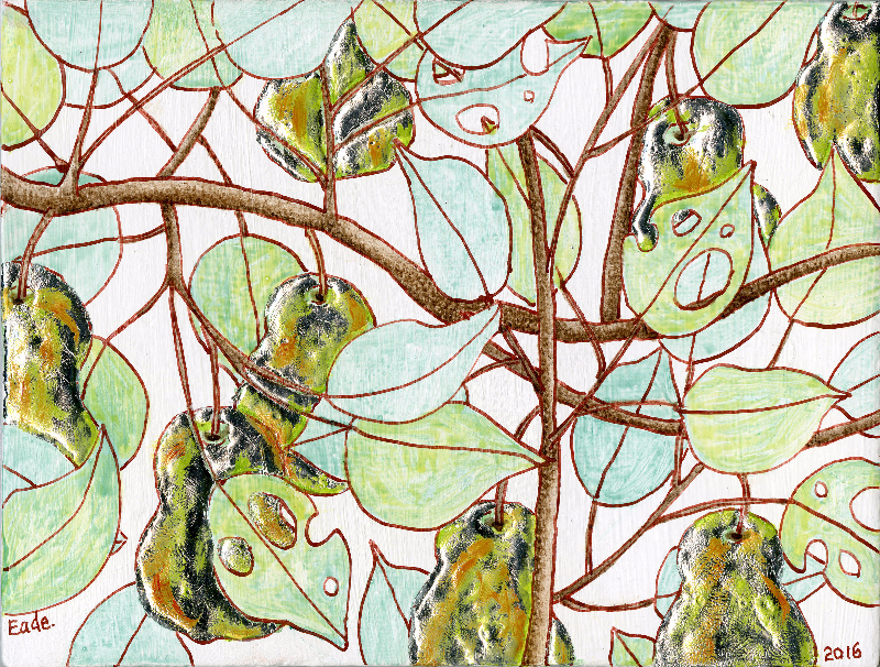 Michael Eade. Wild Pear Tree (Study), No. 20 野梨子树(小稿)20, Egg tempera, raised aluminum leaf, oil on wood panel, 4.75 x 6.25 in. (12.065 x 15.875 cm), 2016