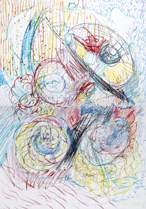 Chen Dongfan, Waiting , 2017, Pencil, color pencil and crayon on paper, 71.7 x 49.4 in. © Chen Dongfan, courtesy Fou Gallery 陈栋帆,等待,2017,铅笔,彩色铅笔,油画,182 x 125.5 cm © 陈栋帆,致谢否画廊