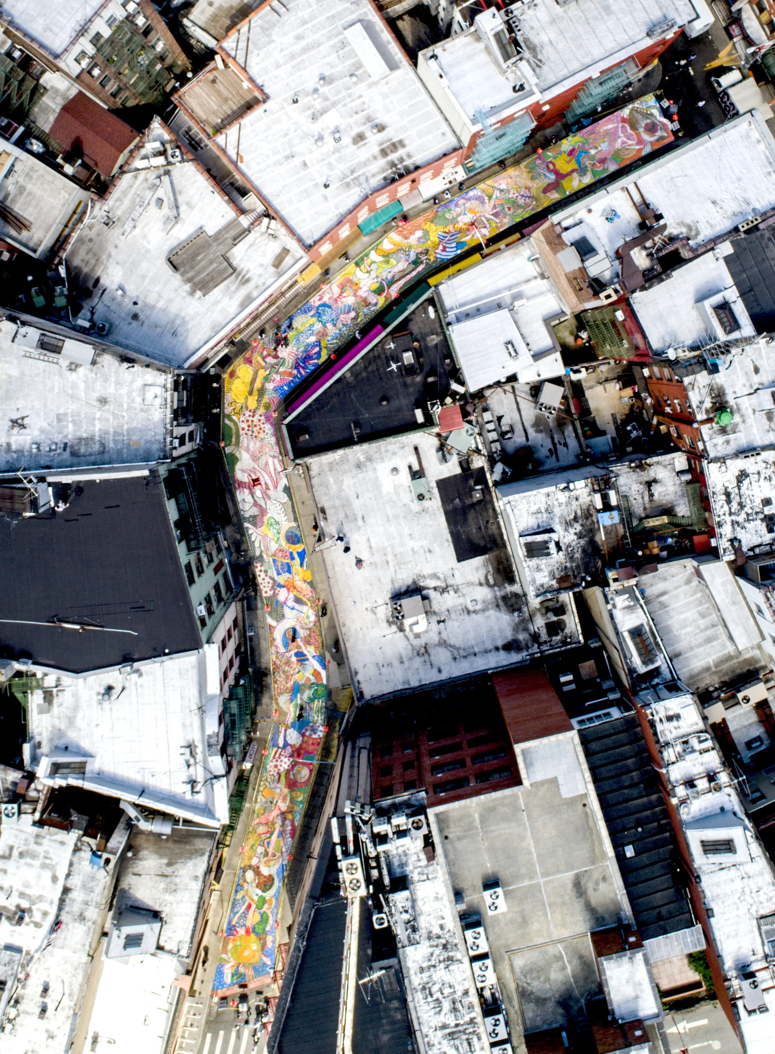 Chen Dongfan. The Song of Dragon and Flowers, aerial view Photograph by Nadia Peichao Lin ©Chen Dongfan, courtesy NYCDOT, Chinatown Partnership, Fou Gallery and Art Bridge
