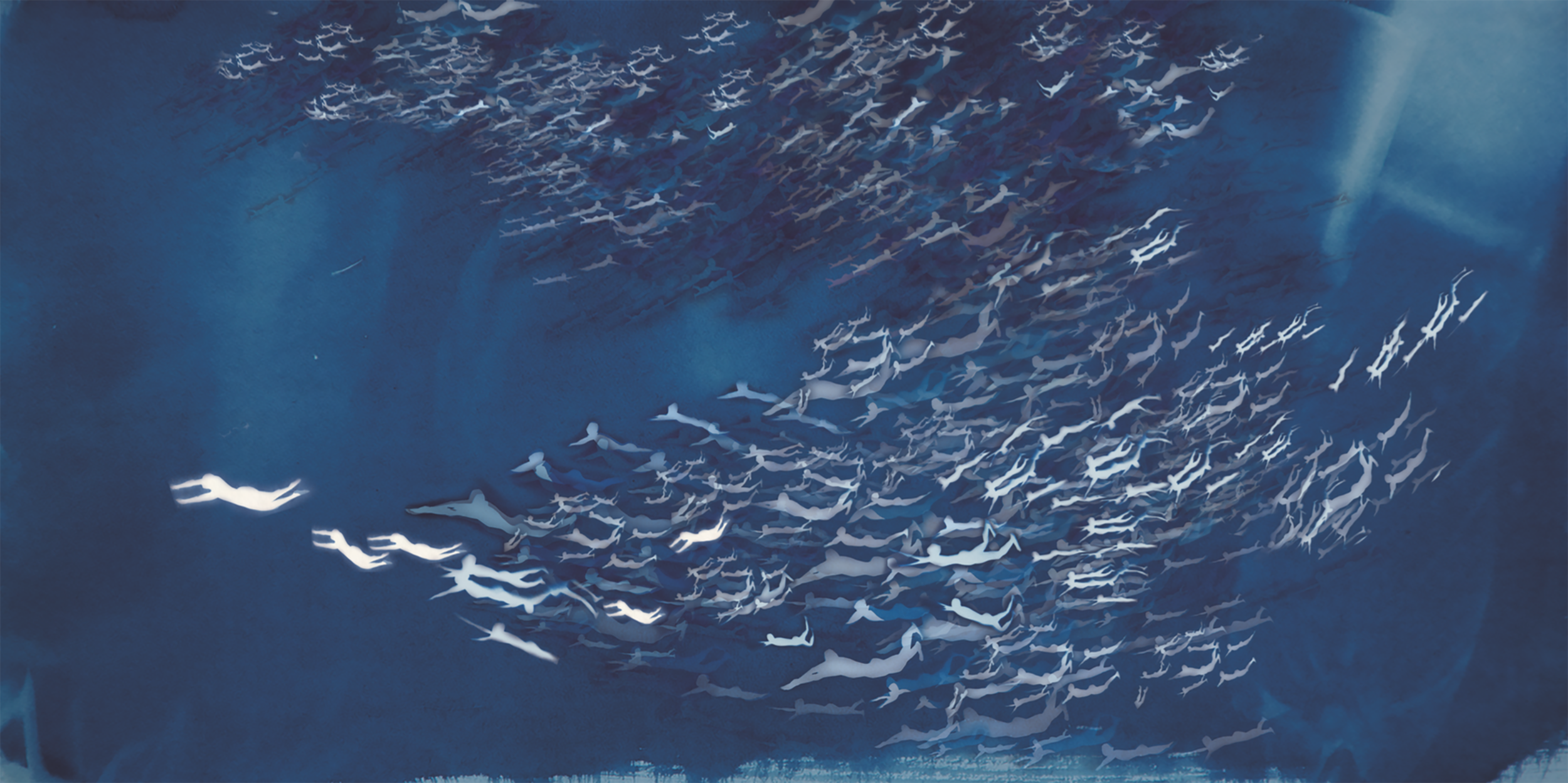  Han Qin,  The Age of Migration 1 , 2018. Cyanotype, watercolor, inkjet print on silk, 28 x 56 inch ©Han Qin, courtesy Fou Gallery 