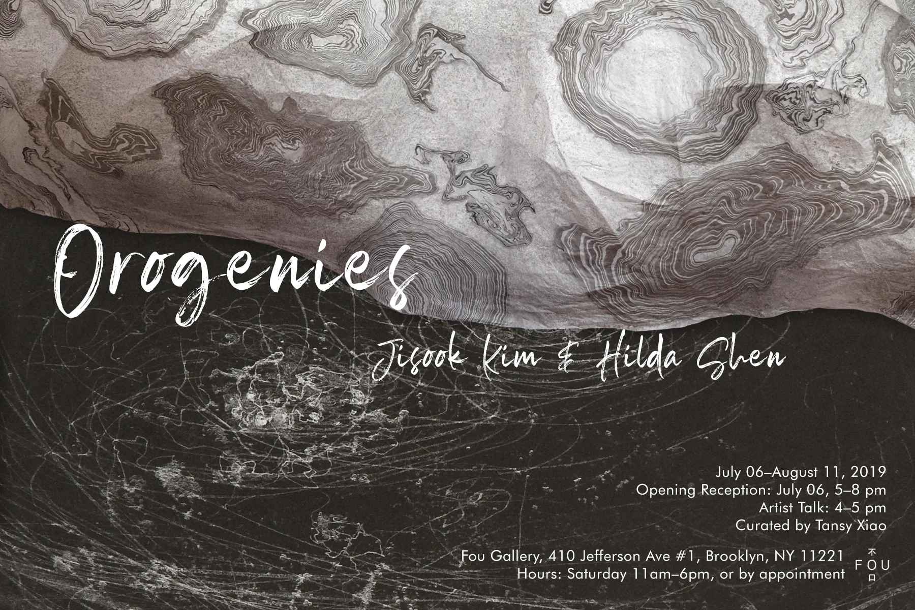 Jisook Kim & Hilda Shen: Orogenies Exhibition Time: July 6 – August 11, 2019 Location: Fou Gallery, 410 Jefferson Avenue, #1, New York.