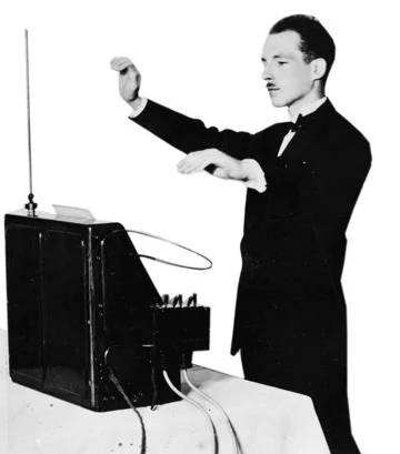 Theremin inventor Léon Termen playing the instrument, the 1920s