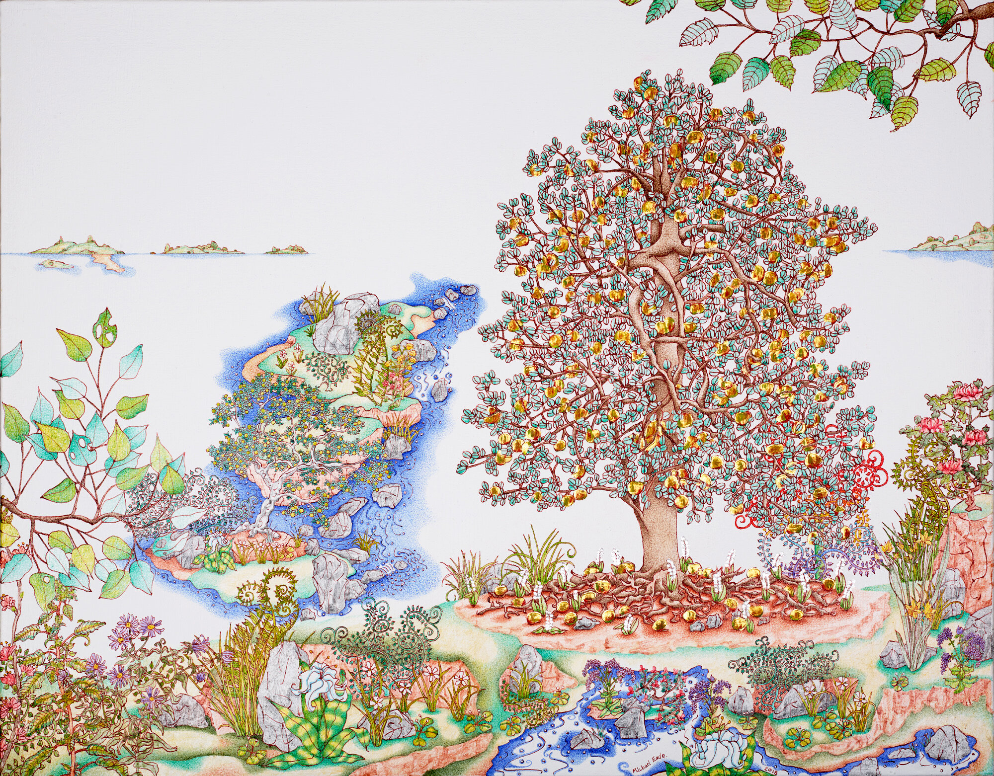 Michael Eade.  Inlet and Tree of Life 生命之树小湾， Egg tempera, raised 22k gold leaf, raised aluminum leaf, oil on canvas, 22 × 28 in. (55.8 x 71.1 cm), 2018. 