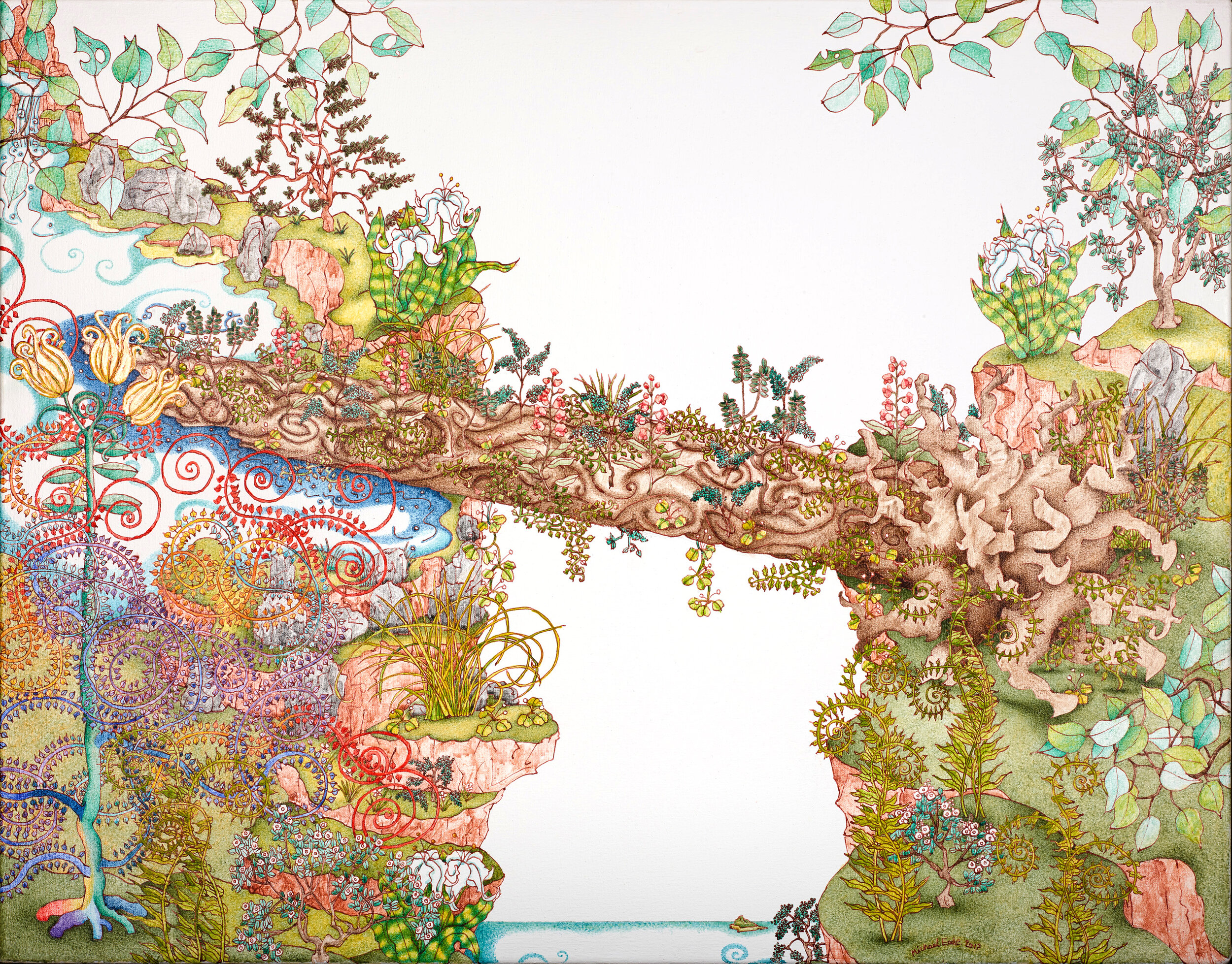  Michael Eade.  Nurse Log Bridge  哺木桥，Egg tempera, raised copper leaf and oil on canvas, 22 × 28 in. (55.8 x 71.1 cm), 2017. 
