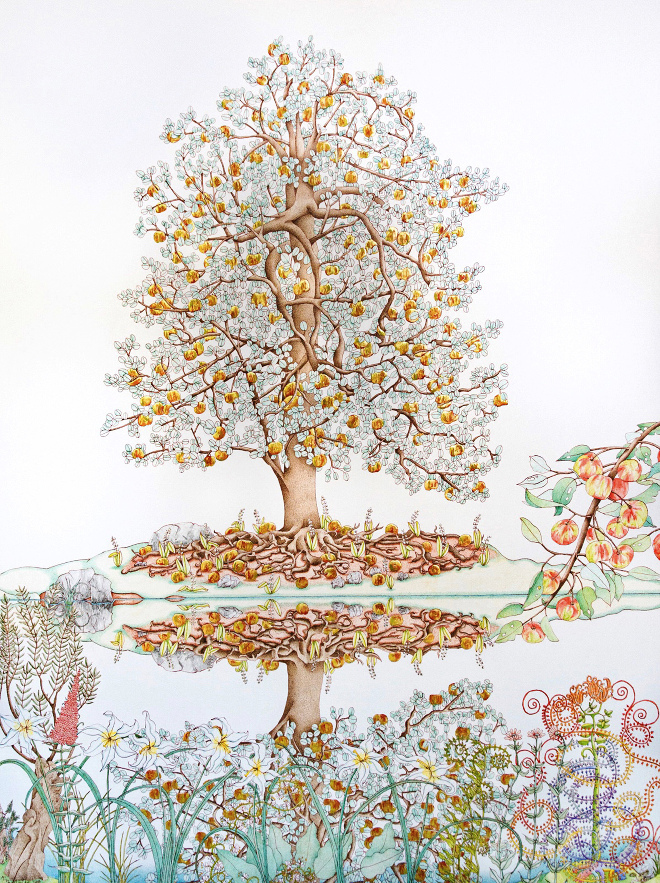  Michael Eade.  Vanitas, Tree of Life Reflected 生命之树倒影， Egg tempera, raised 22k gold leaf, raised copper and aluminum leaf, oil on canvas, 48 x 36 in. (122 x 91.4 cm), 2018. 