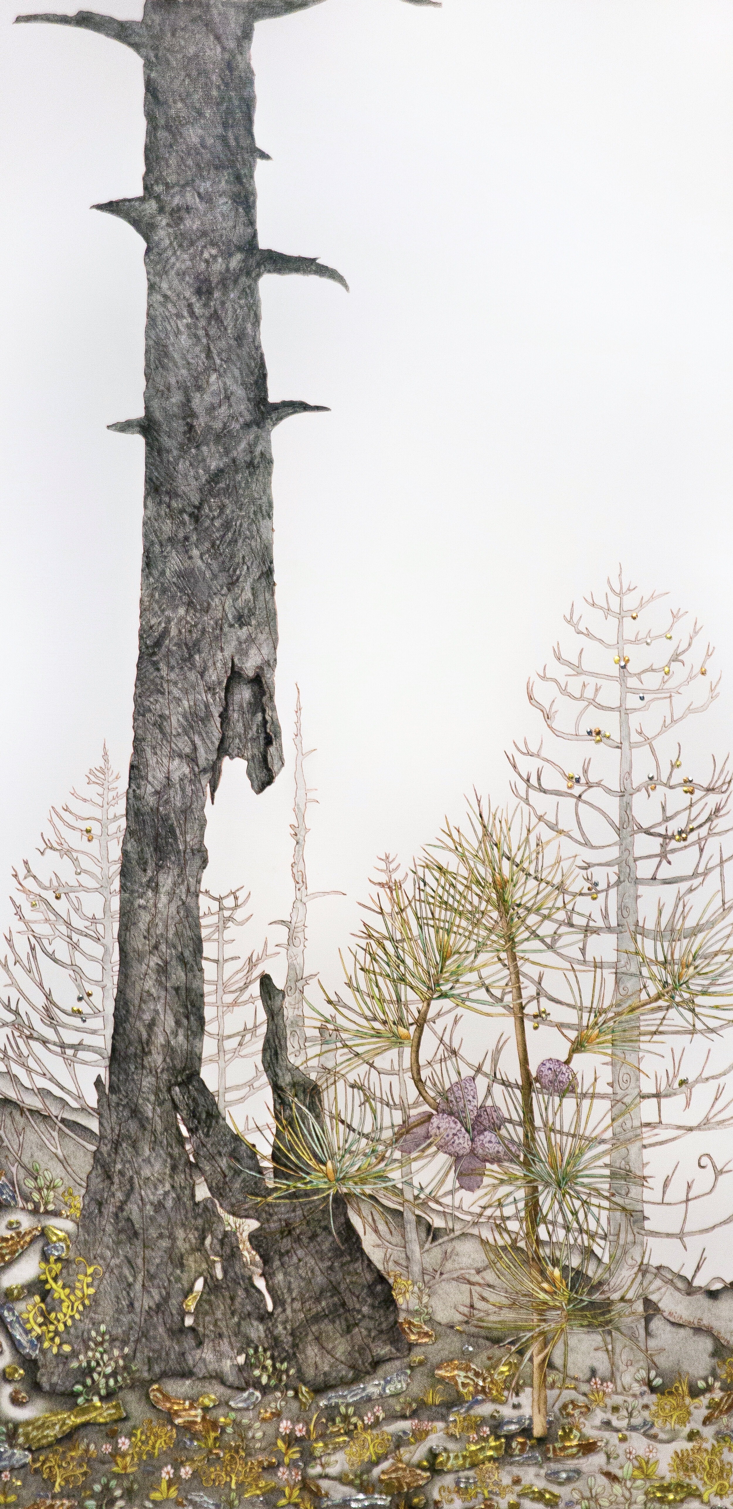  Micheal Eade.  Pine Tree Sapling (Large) 松树树苗（大）， Egg tempera, raised 22k gold leaf, raised copper and aluminum leaf on canvas, 48 x 24 in. (121.9 x 61 cm), 2019. 