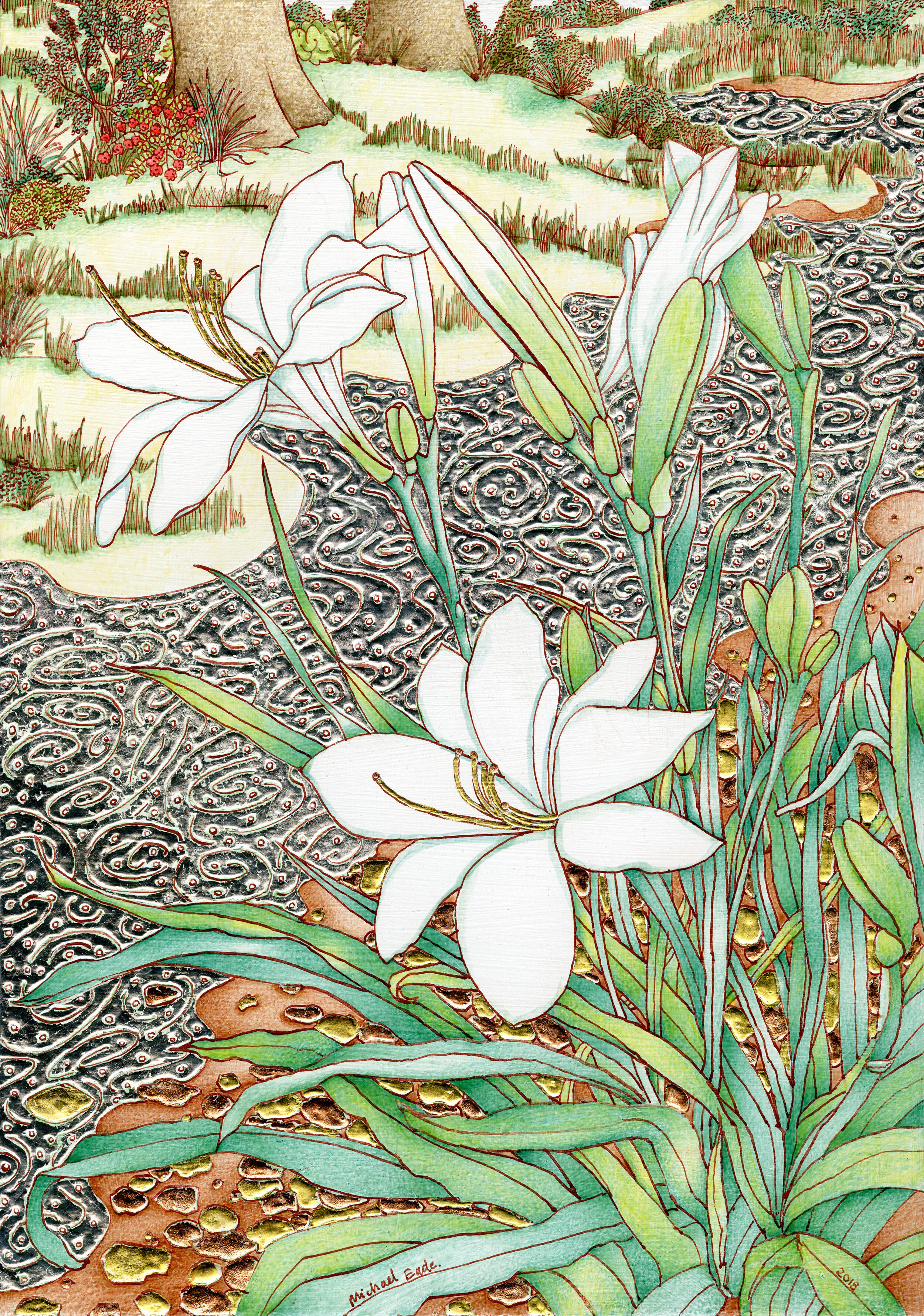  Micheal Eade.  Daylilies 萱草， Egg tempera, raised 22k gold leaf, raise copper and aluminum leaf on wood panel, 17 x 12 in. (43.2 x 30.5 cm), 2018. 