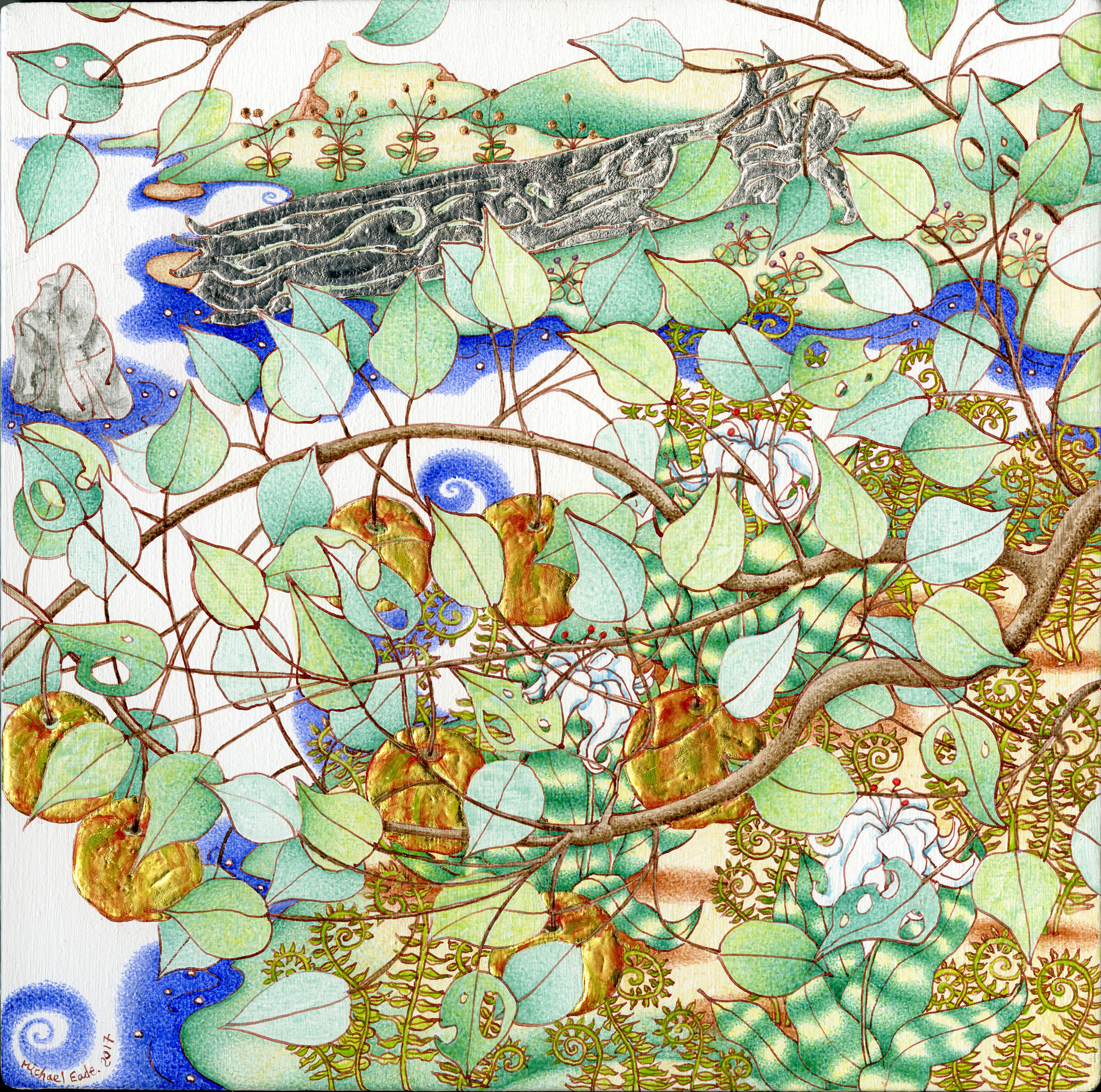  Micheal Eade.  Fiddlehead Ferns, Lilies and Gilded Apples, no. 2 蕨类、百合与金苹果 2， Egg tempera, raised 22k gold leaf, raised copper and aluminum leaf, oil on canvas, 11 x 11 in. (27.9 x 27.9 cm), 2017. 