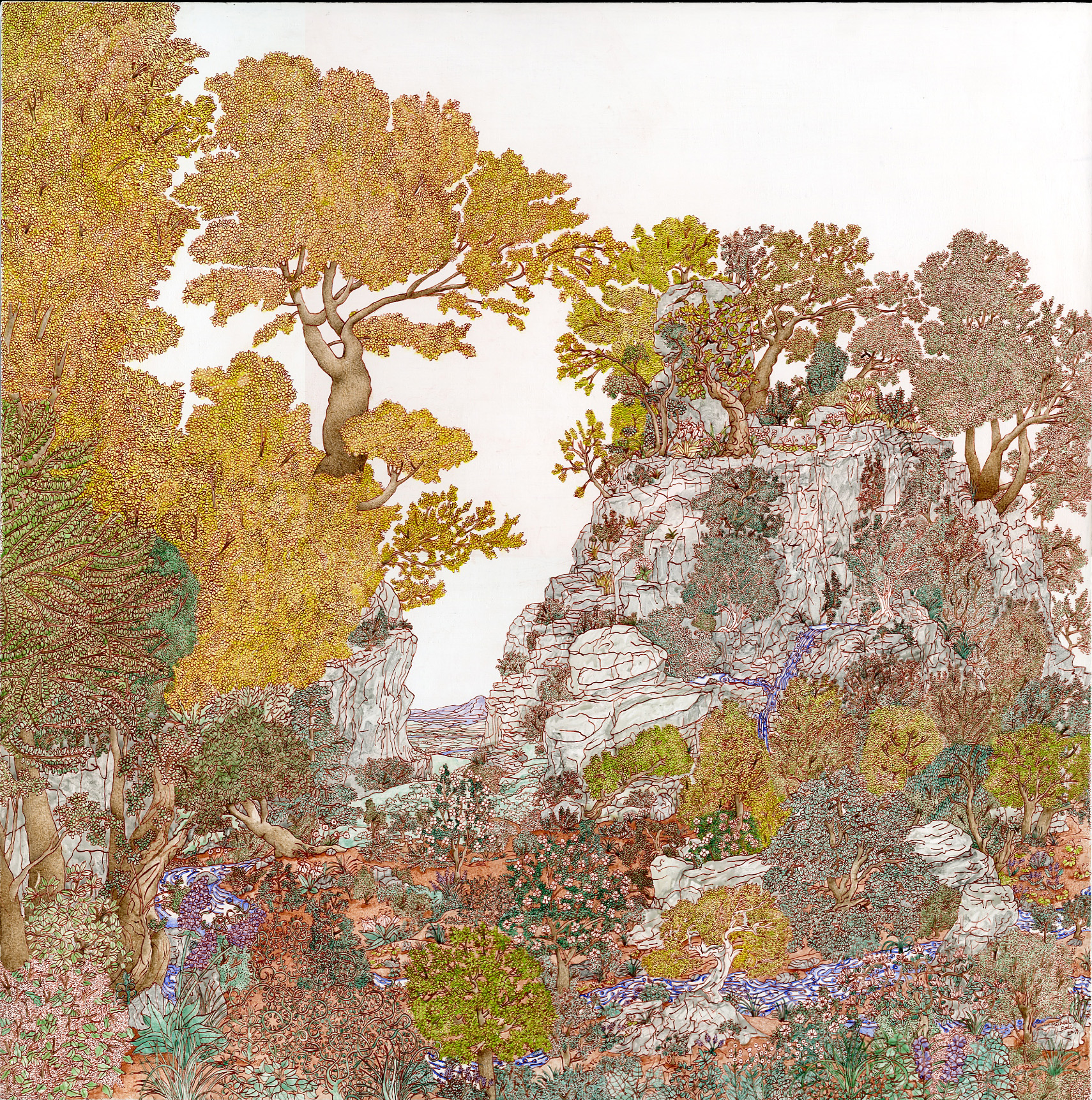  Micheal Eade,  Mount Tabor 塔博尔山， Egg tempera on wood panel, 24 x 23。75 in. (61 x 60.3cm), 2019. 